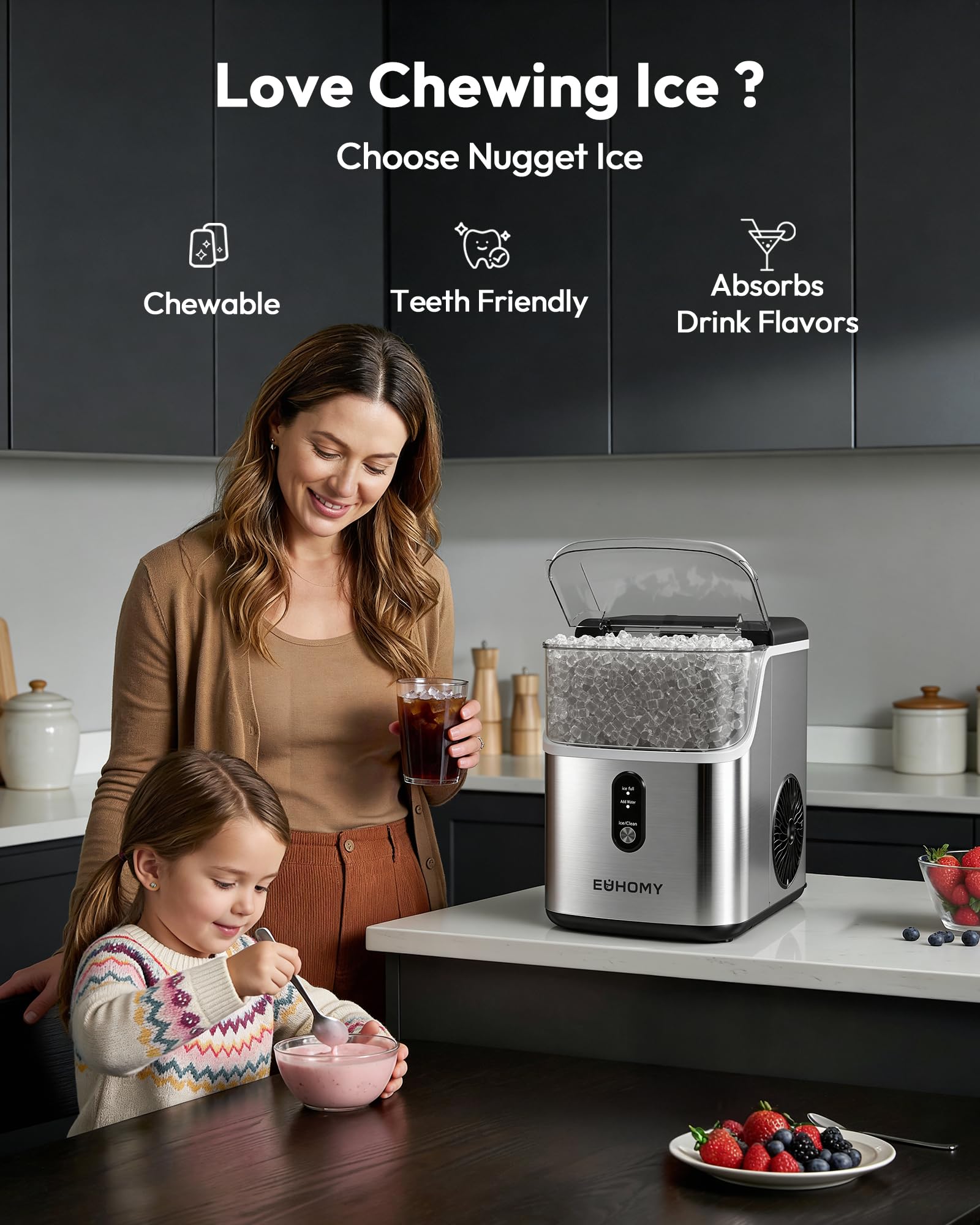 Euhomy Nugget Ice Maker Countertop, Ready In 7 Mins, 34lbs/24h Pebble Ice Maker Machine, Self-Cleaning Countertop Sonic Ice Makers With Ice Scoop&Basket, Pellet Ice Maker For Home, Stainless Steel on Fridge.com - View 4