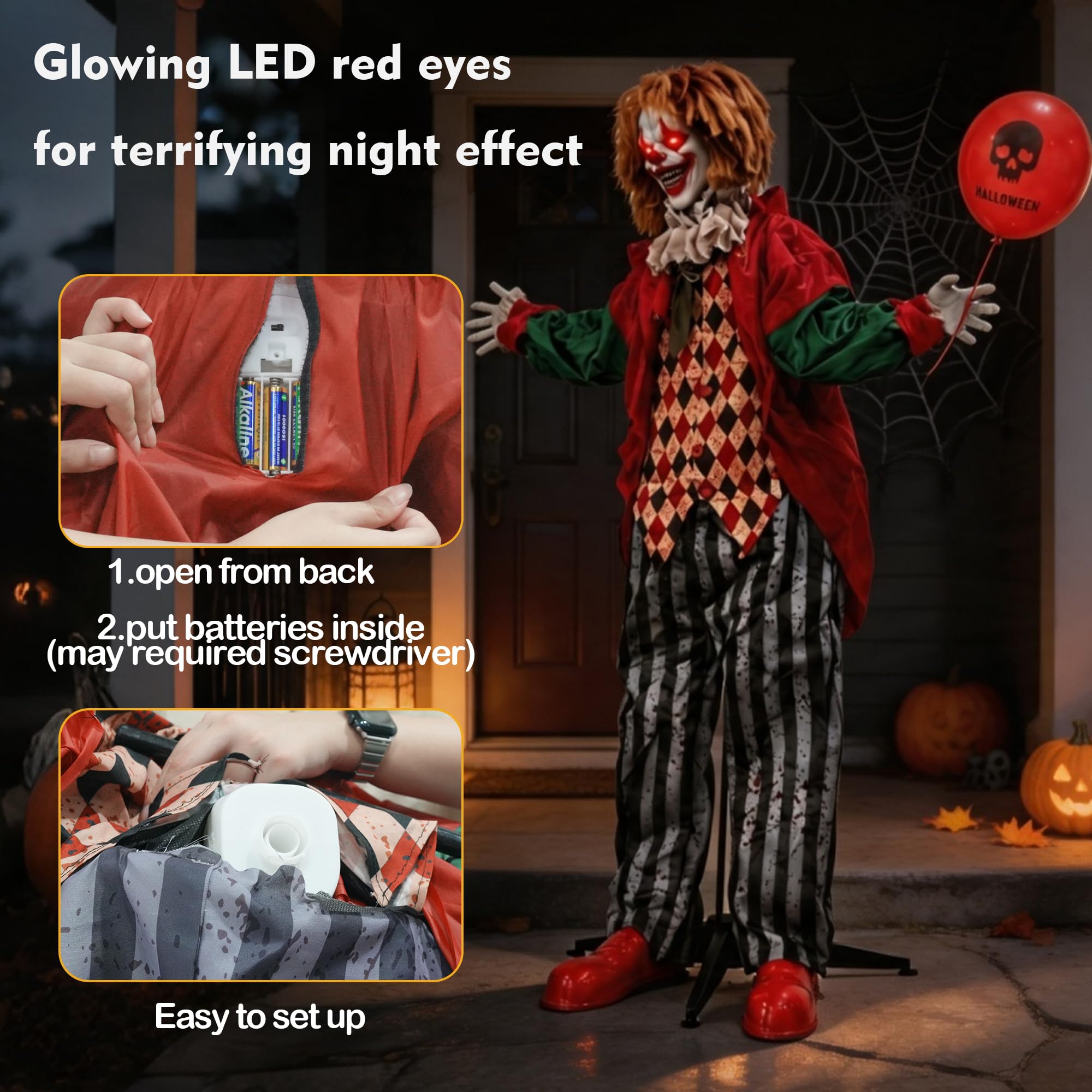 Hourleey Decoraciones de payaso animatrónica de Halloween de 5.3 pies, payaso animado activado por sonido con ojos iluminados, payaso sosteniendo globo para interiores y exteriores, decoración de