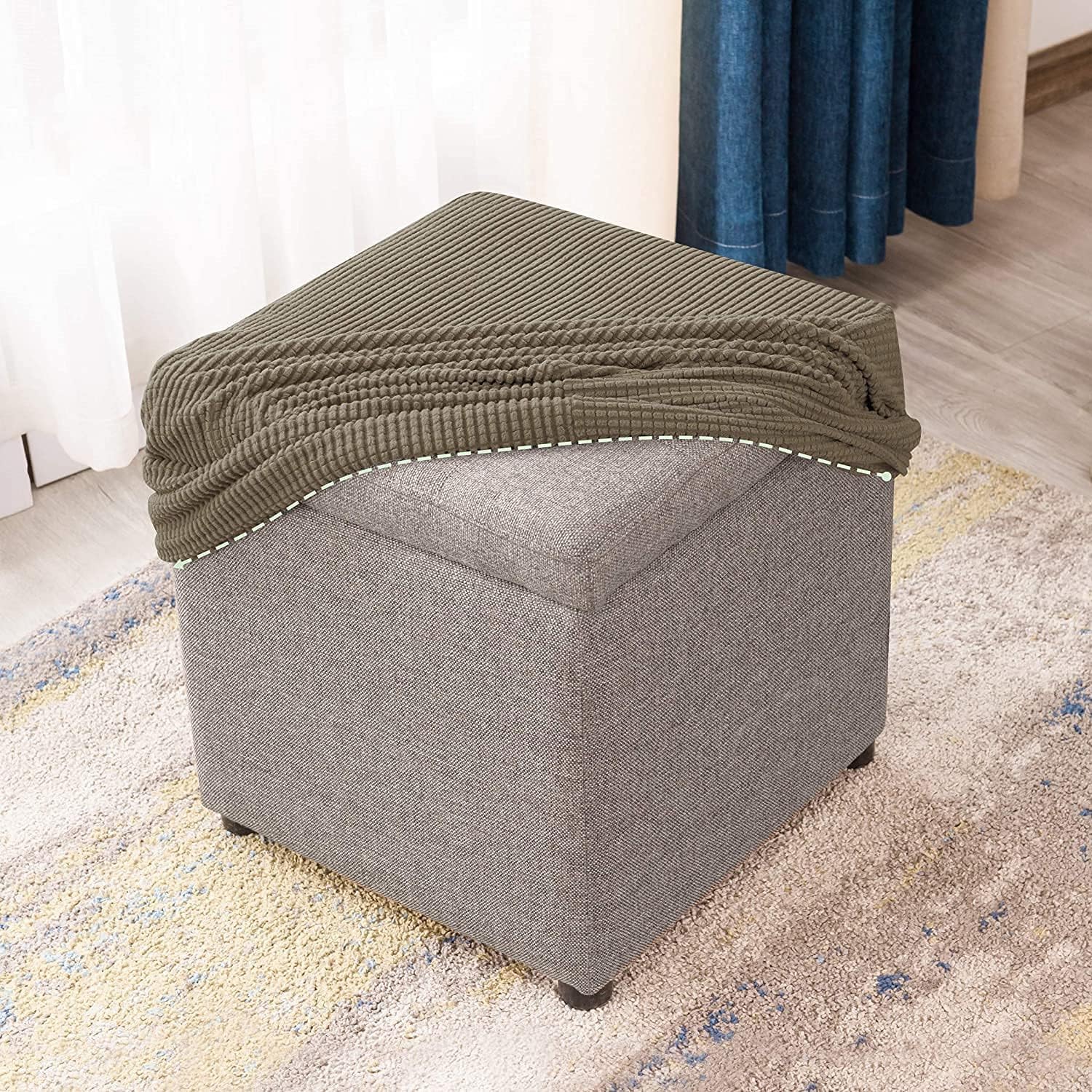 uyeoco Square Ottoman Slipcover Stool Covers Stretch Footstool Protector Covers with Elastic Bottom, Feature Textured Checked Fabric Machine Washable(P,40X40CM)