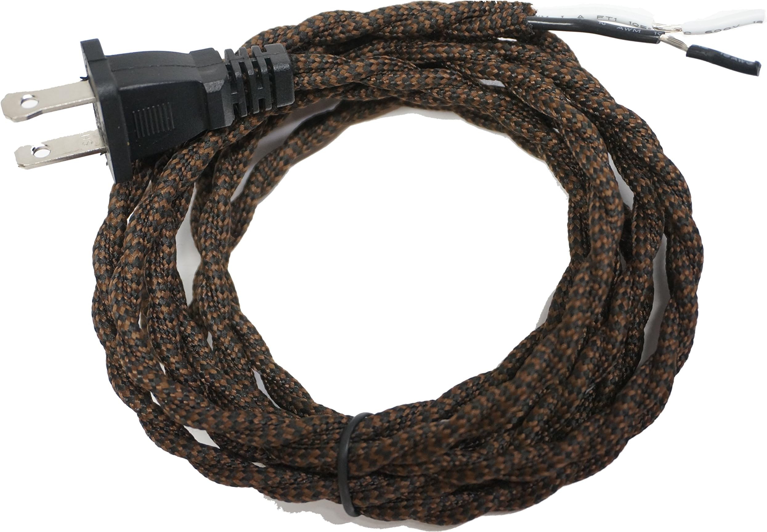 Twisted Rayon Cloth Covered Electric Lamp Cord with Polarized End Plug, Stripped Ends Ready for Wiring 8 feet Long