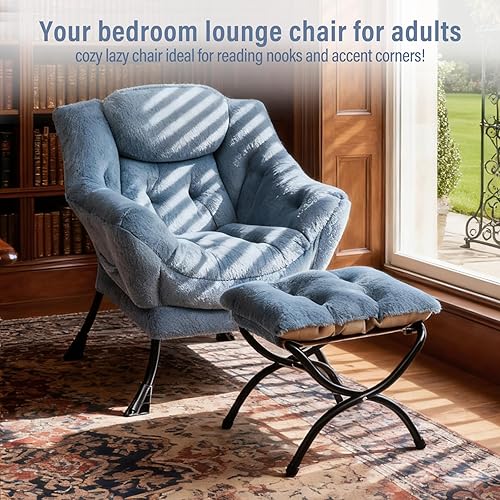 Miniatura 3 de Silla Lazy con otomana, silla moderna con reposapiés plegable, silla de acento de salón, cómoda silla de lectura (azul claro de felpa)