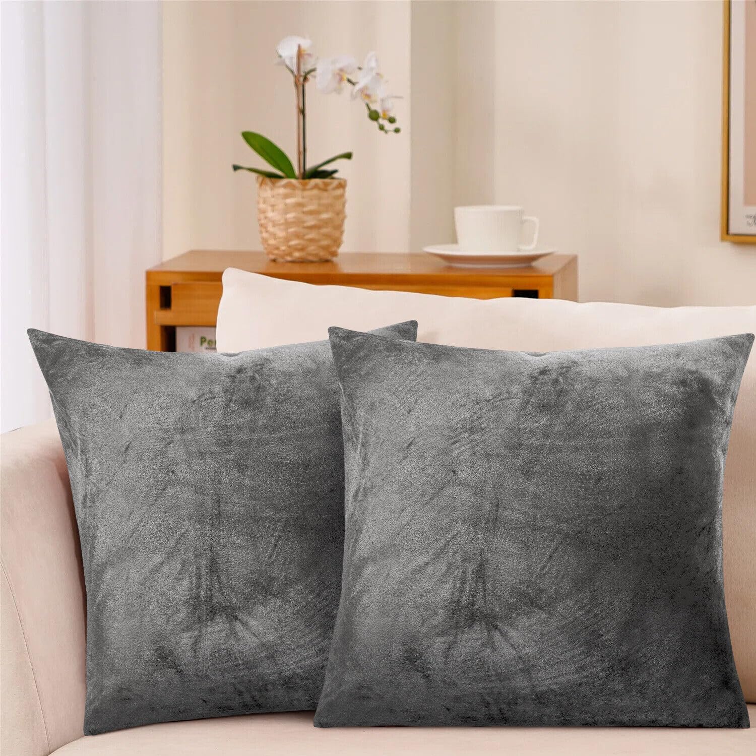 Insafians Grey Decorative Crushed Velvet Cushion Covers 45Cm X 45Cm/Square Throw Pillowcases For Sofa Bedroom With Invisible Zipper 18X18 Inch (2, )