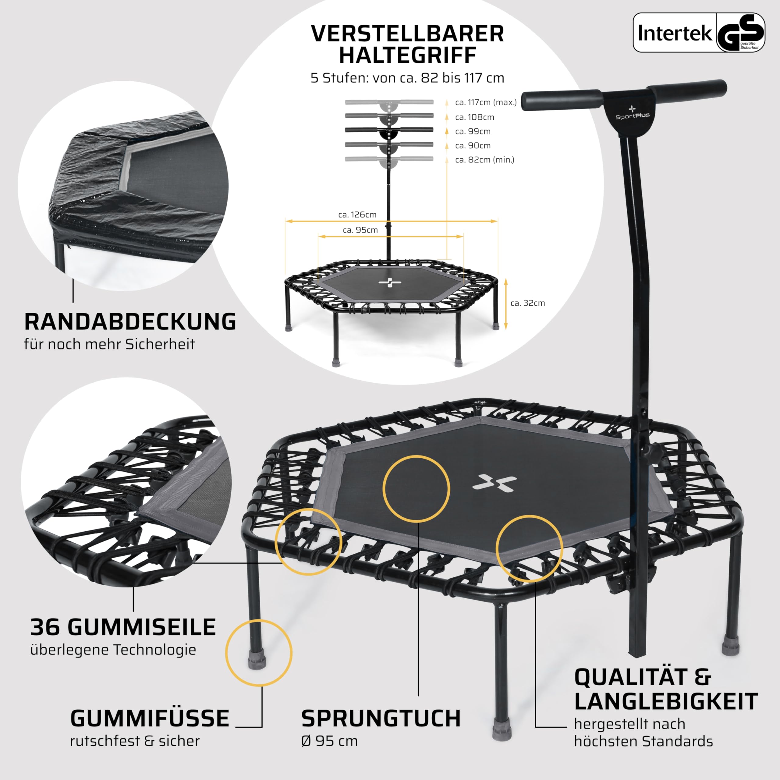 SportPlus Fitness-Trampolin, leise Gummiseilfederung, Nutzergewicht bis 130kg, Trampolin für Jumping Fitness
