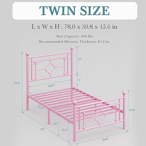 Miniatura 78 de HOOMIC Base de cama de plataforma metálica de tamaño individual de 14 pulgadas con estilo victoriano vintage, cabecera y estribo de hierro