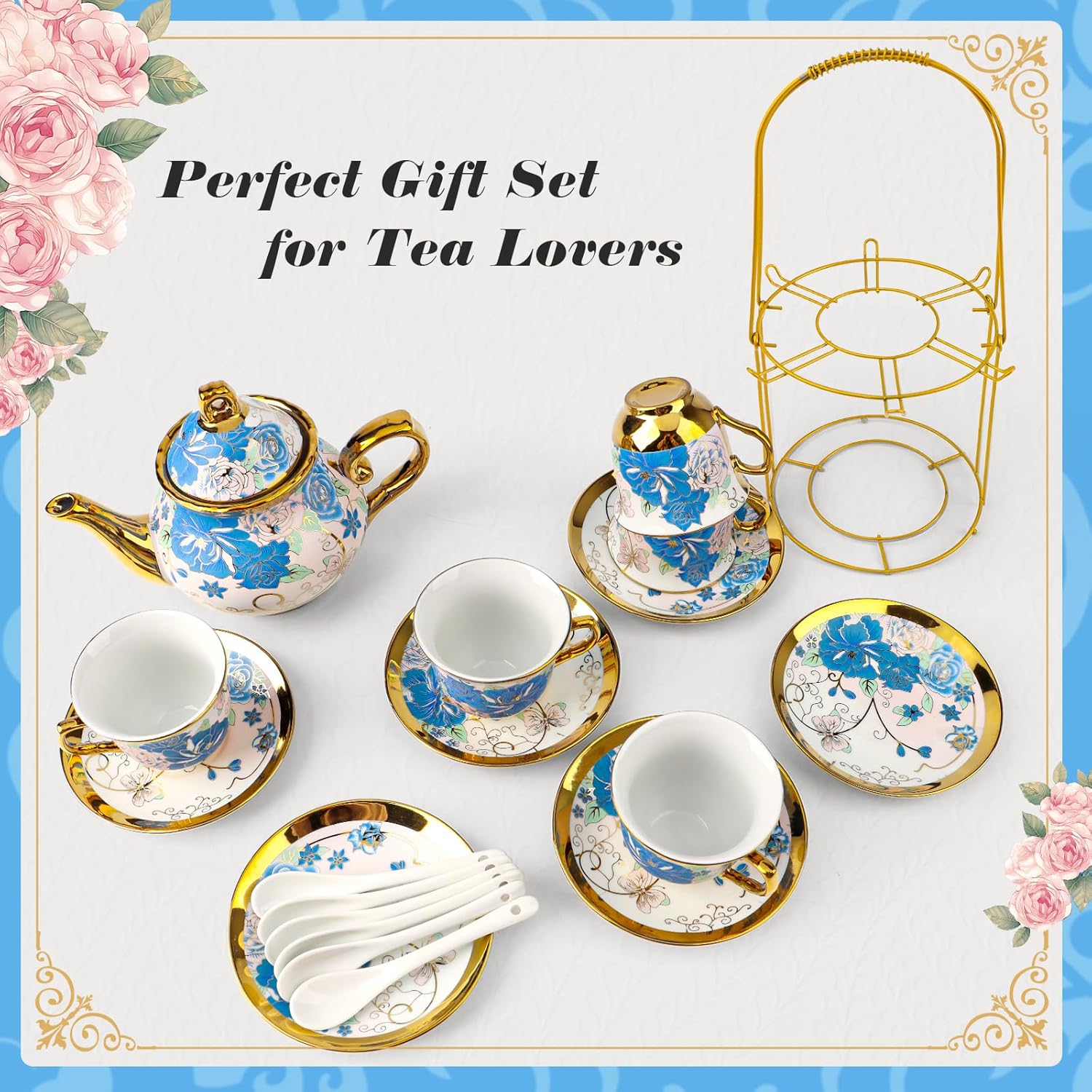 20Pcs Porcelain Tea Set with Metal Holder, European Ceramic Tea Set for 6 People, Vintage Flower Teapot Cup and Saucer Spoon Set, Complete Gift Set for Wedding, Bridal Shower, Afternoon Party (Pink)