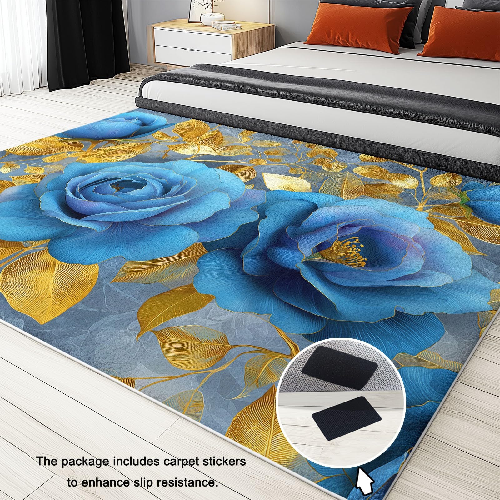 Générique Niebieski dywan do salonu 80 x 150 cm - różowe kwiaty liście można prać w pralce antypoślizgowy, romantyczny motyw miękki dywan do jadalni sypialni biura