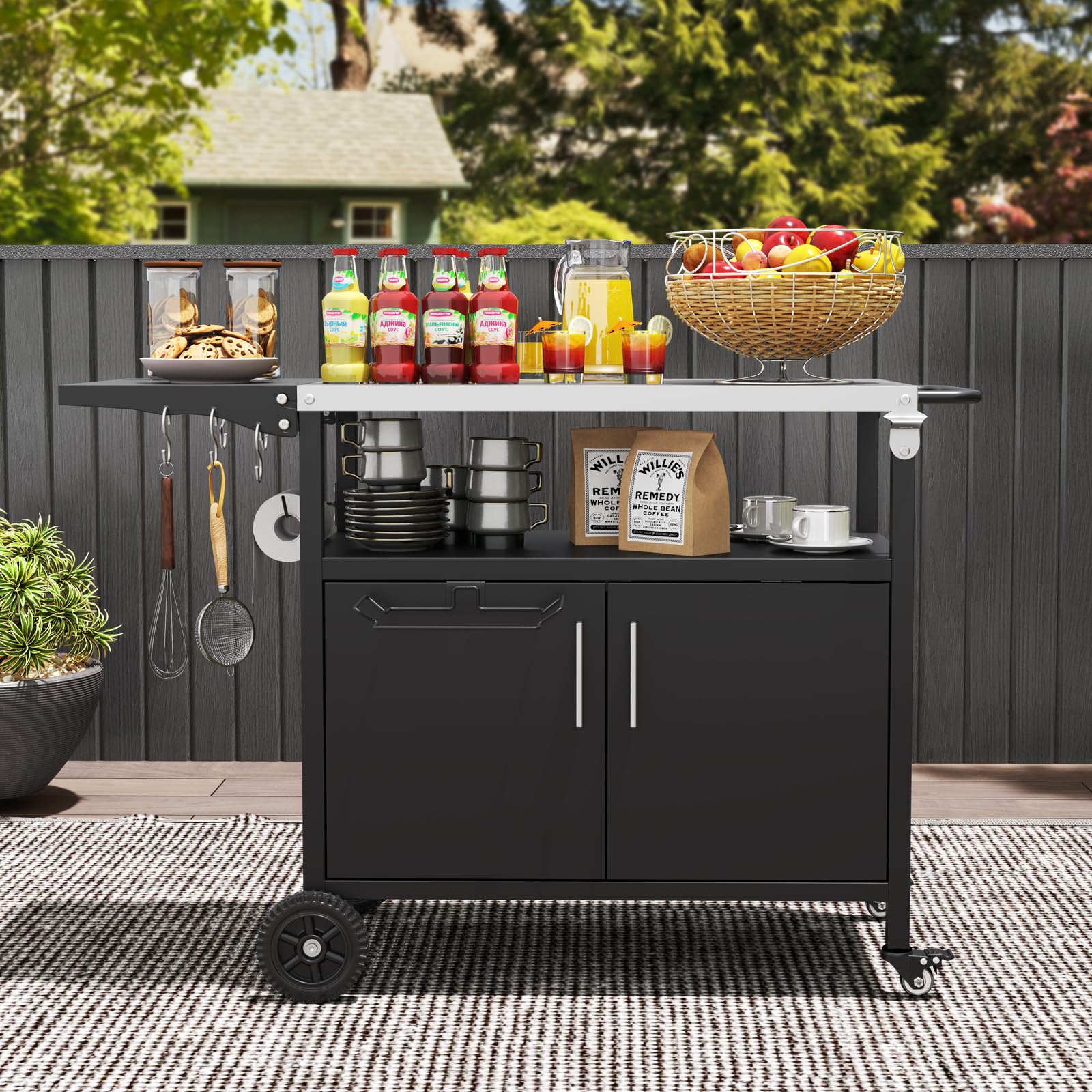 COSTWAY Carro de Barbacoa con Estante Abierto y Armario, Cocina Exterior, Encimera de Acero Inoxidable Plegable, Mueble para BBQ para Picnic, Fiesta, 127 x 50 x 84 cm