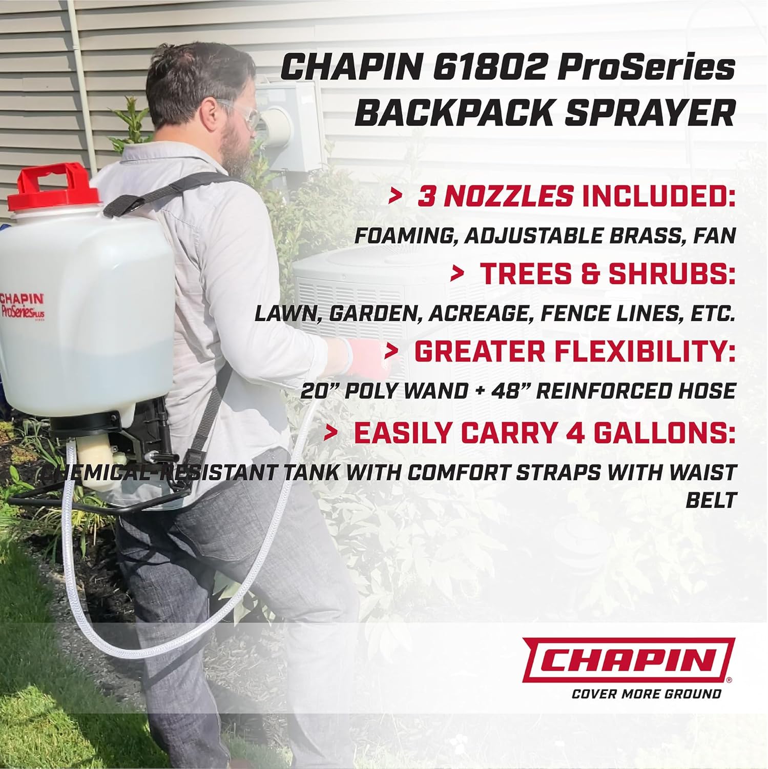 Chapin 61802 4-Gallon ProSeries Plus Poly Backpack Sprayer with Foaming Adjustable Nozzle for Fertilizers, Herbicides and Pesticides, Translucent White
