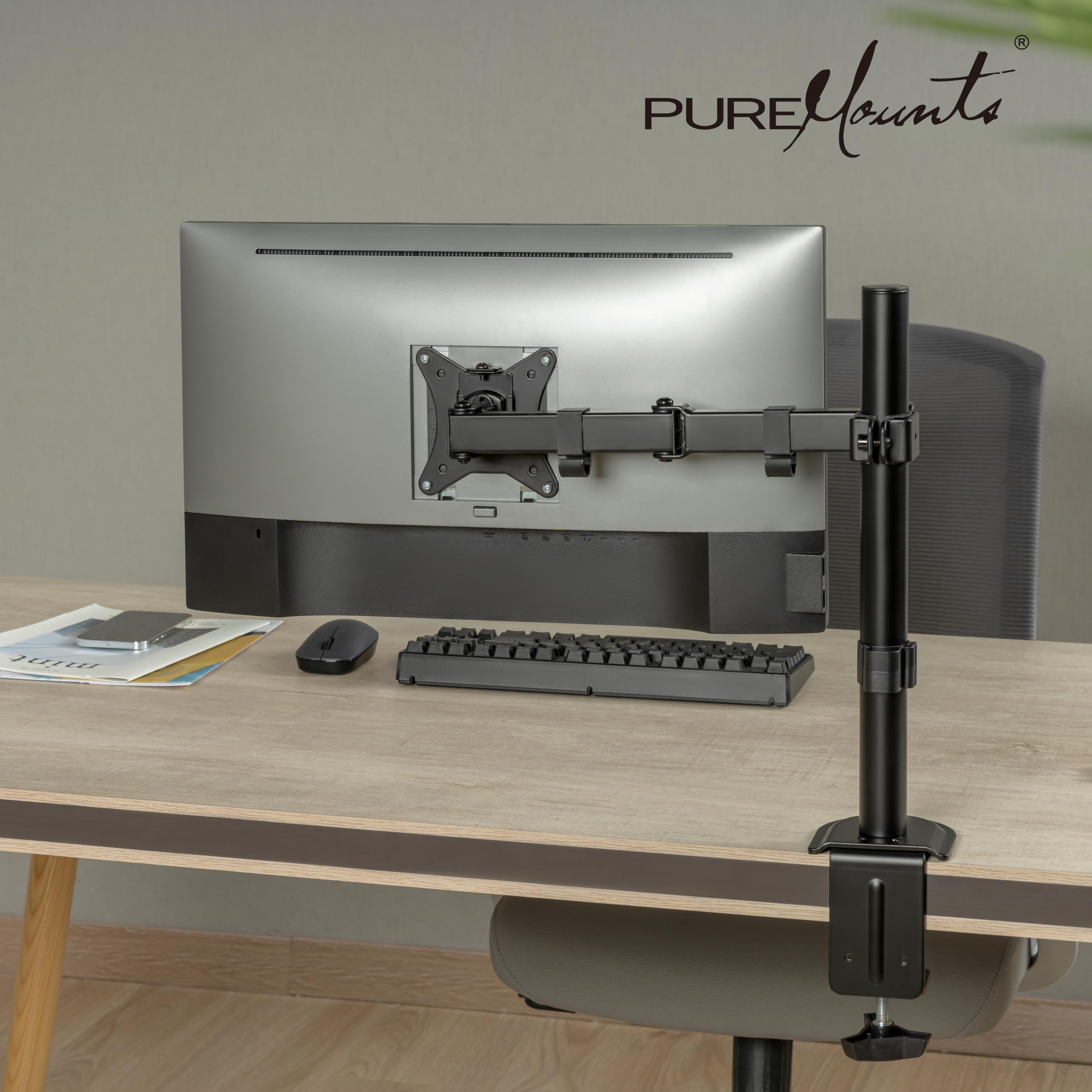 PureMounts supporto per monitor, per 1 schermo, 17 a 32 pollici, regolabile in altezza, inclinabile di +45°/-45°, orientabile con braccio girevole di 90°/-90°, VESA 100, supporto da tavolo, nero