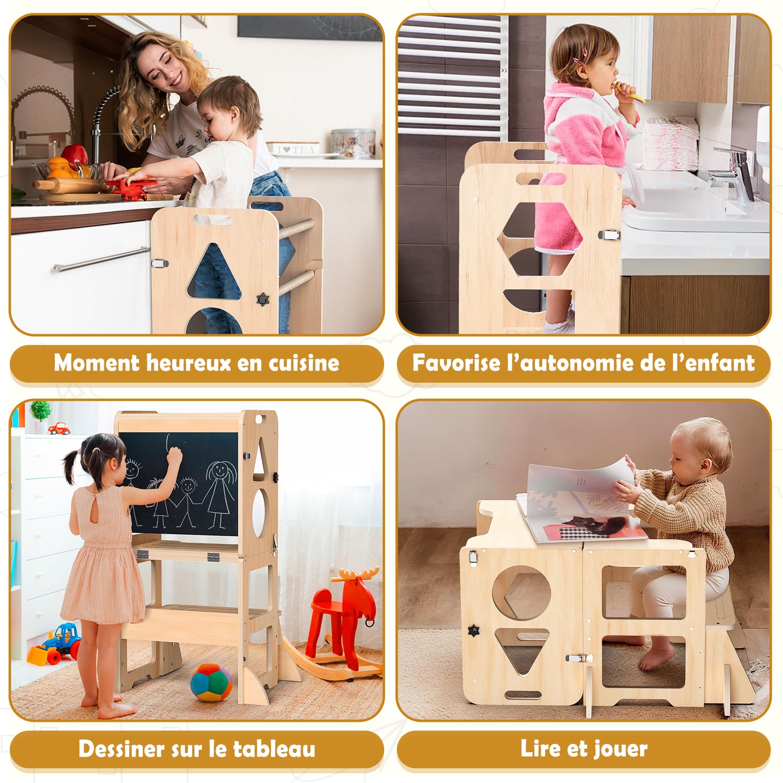 Woodure 3 in 1 Lernturm für Kinder ab 1 Jahr | Klappbare Trittleiter mit Tafel | Ideal für Küche, Tisch und Bad