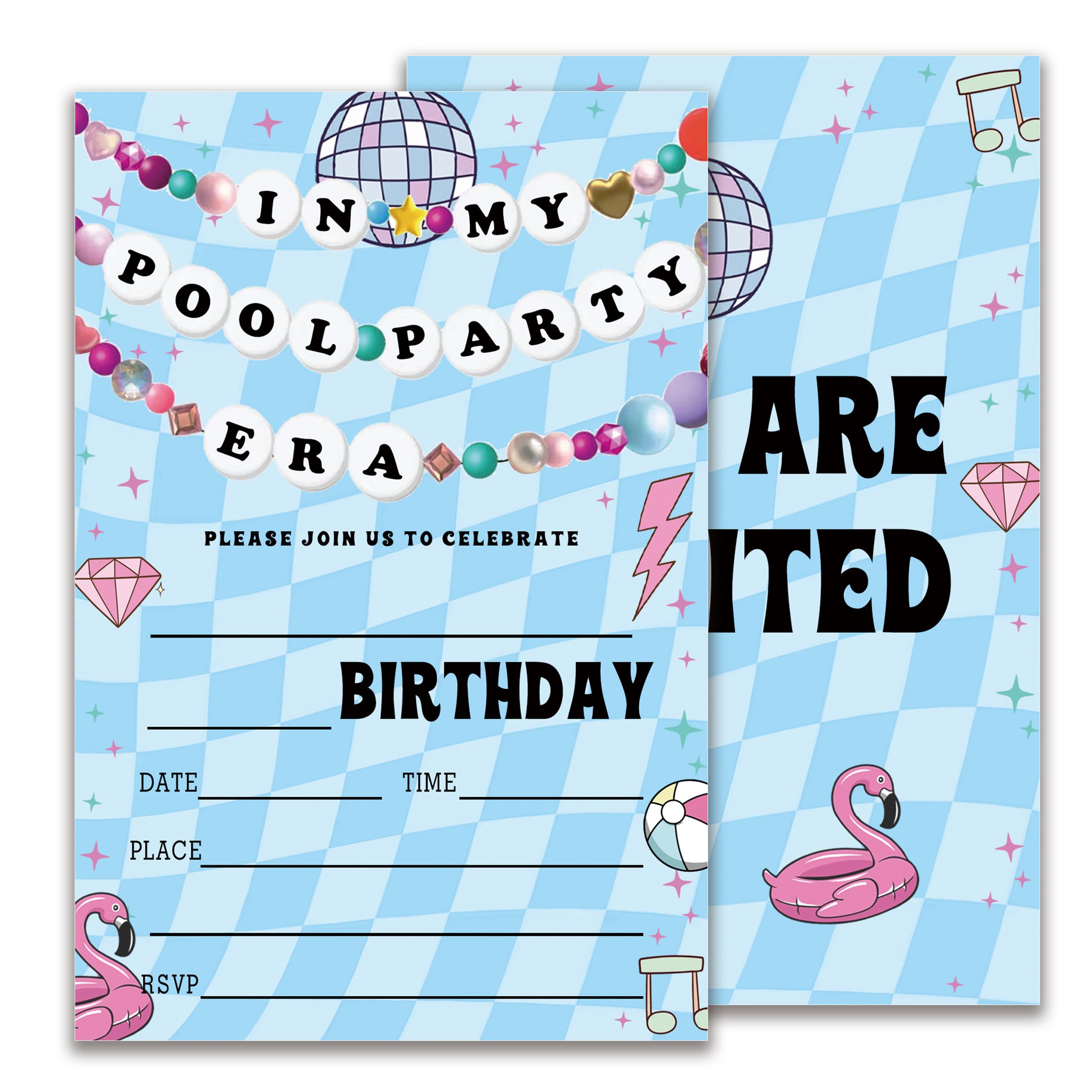 In My Pool Party Invitations, Friendship Bracelet Birthday Invitation, Teen Birthday Girl Music Party Invite, 20 Pool Disco Theme Double-Sided Fill in