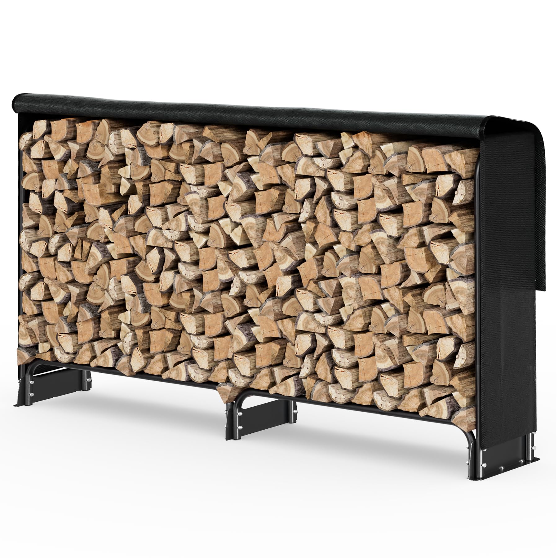VOUNOT® Firewood Log Rack with Waterproof Cover, Metal Log Store Outdoor, 200 x 116 x 26 cm, Black