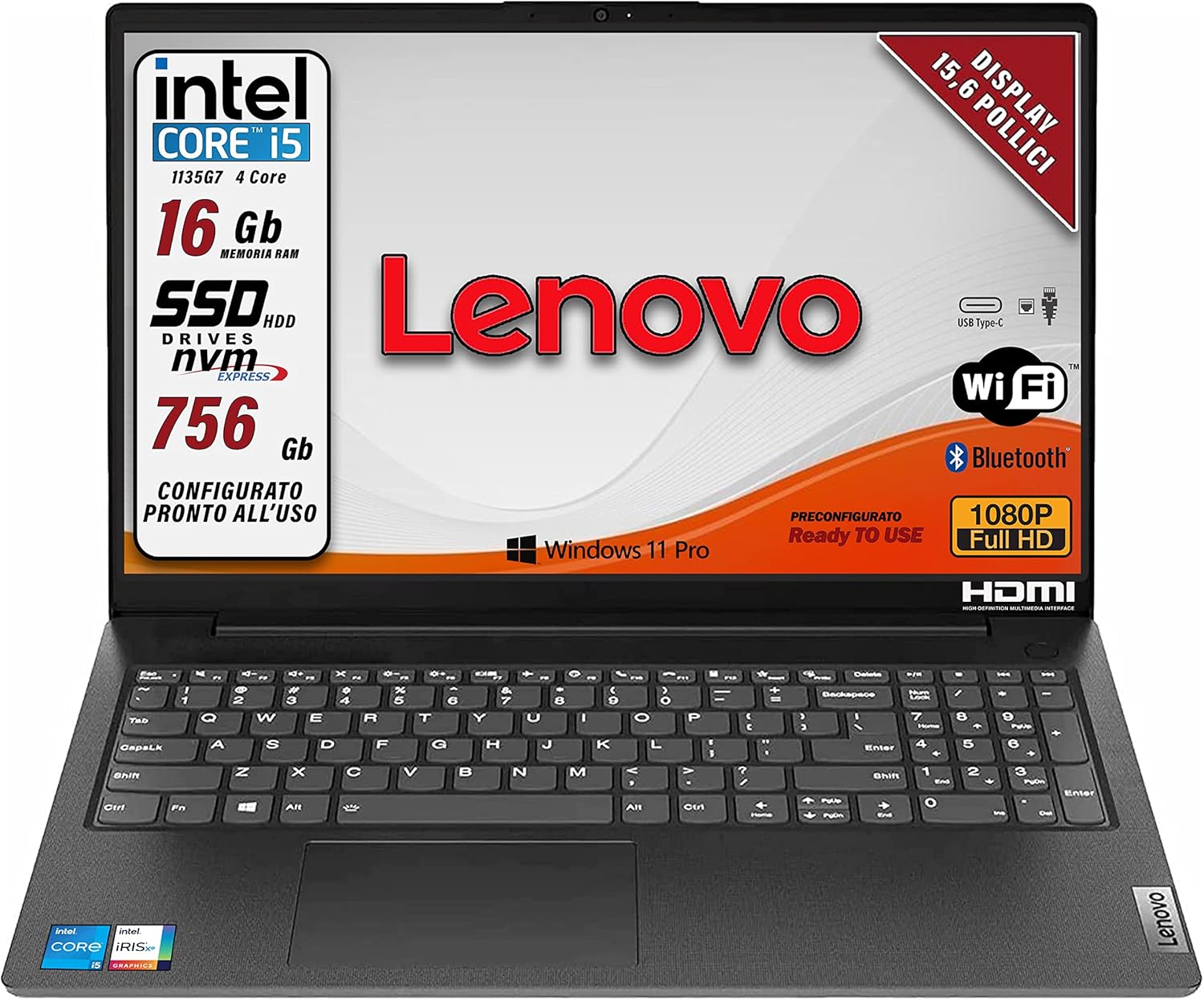 Lenovo Notebook SSD Intel i5 11 th, Display FULL HD 1920x1080 Led da 15,6 Ram 16 Gb DDR4, SSHD 756 Gb, wifi, webcam, Bt, 3 usb, Win 11 Pro, Libre Office, pronto Alluso, Garanzia Italia 2 Anni