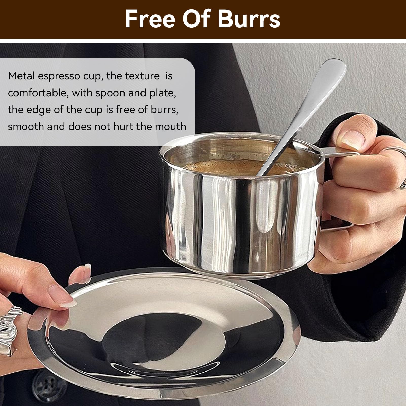 Beufee 2Pcs Stainless Steel Modern Double Wall Insulation Coffee Cup with Handle, Silver, Set of 2, Adult, Home, Office