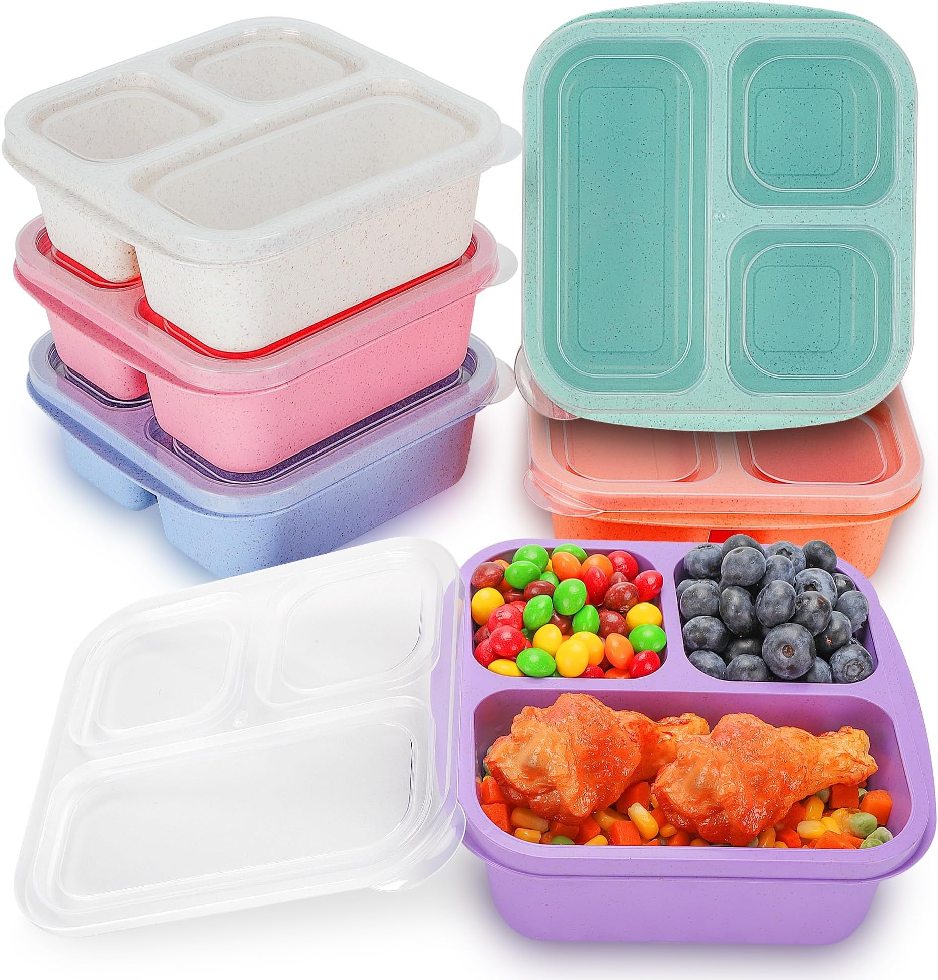 Bento Box For Kids, 6 Pack 3 Compartments Meal Prep Containers Reusable Lunch Containers, Food Storage Containers With Lids, Stackable Snack Boxes for School, Work, and Travel, 6.7*6.1*2inches