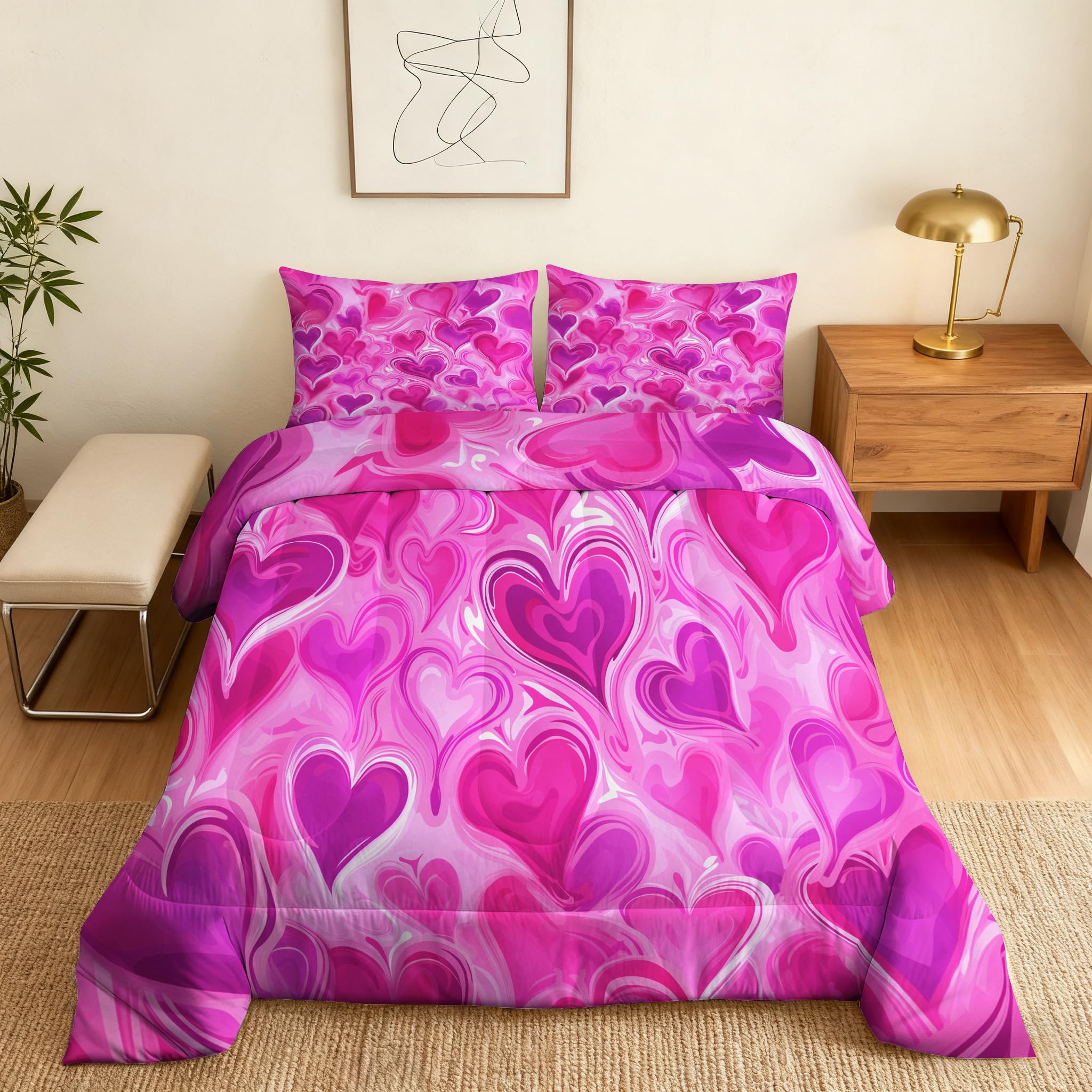 Coverless Duvet Double Hearts Pattern, Bedroom Decor, Gift, Hot Pink Love Bedding Comforter Set 3 Piece, 2 Pillowcases, Soft All Season Quilt 10.5 Tog - S&E537