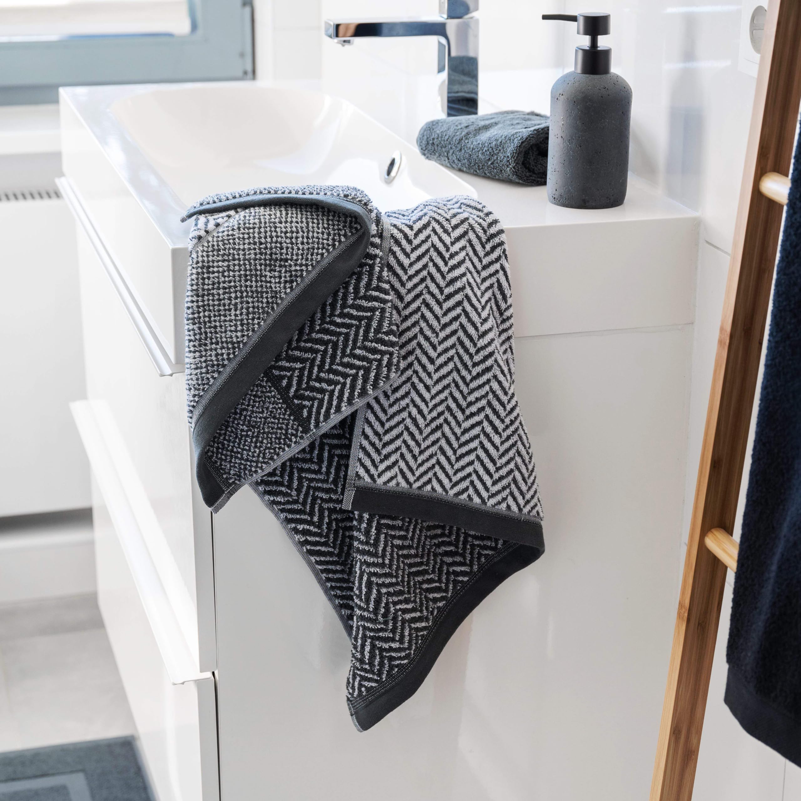 herzbach home Set Di Asciugamani Telo Bagno 100% Cotone 70x140 cm a disegni, antracite
