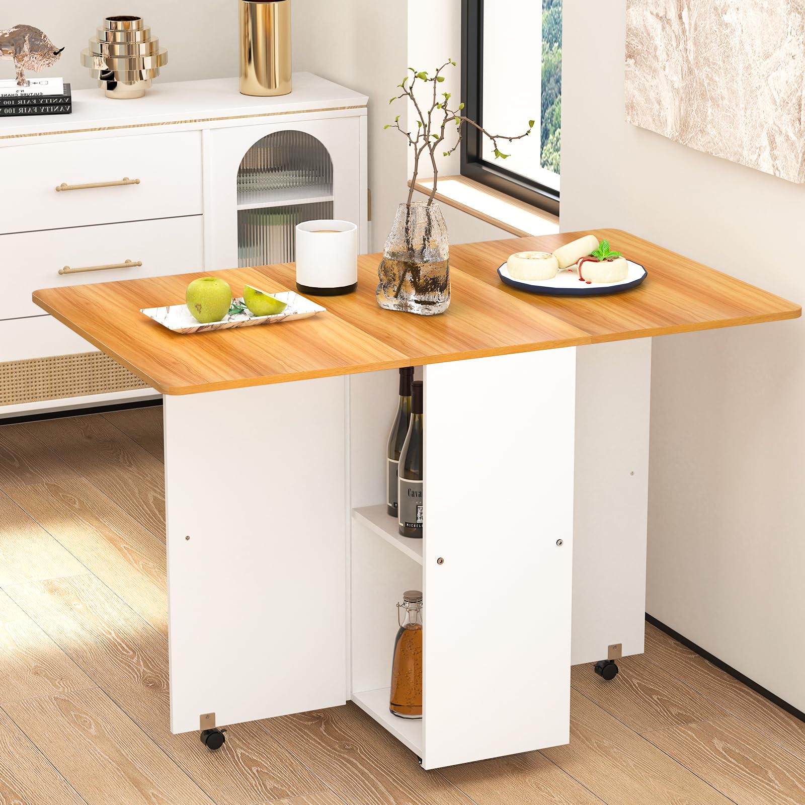 Mesa de Comedor y Cocina Plegable con Ruedas y Compartimento de Almacenamiento 110 * 70 * 78 cm Naranja-Blanco