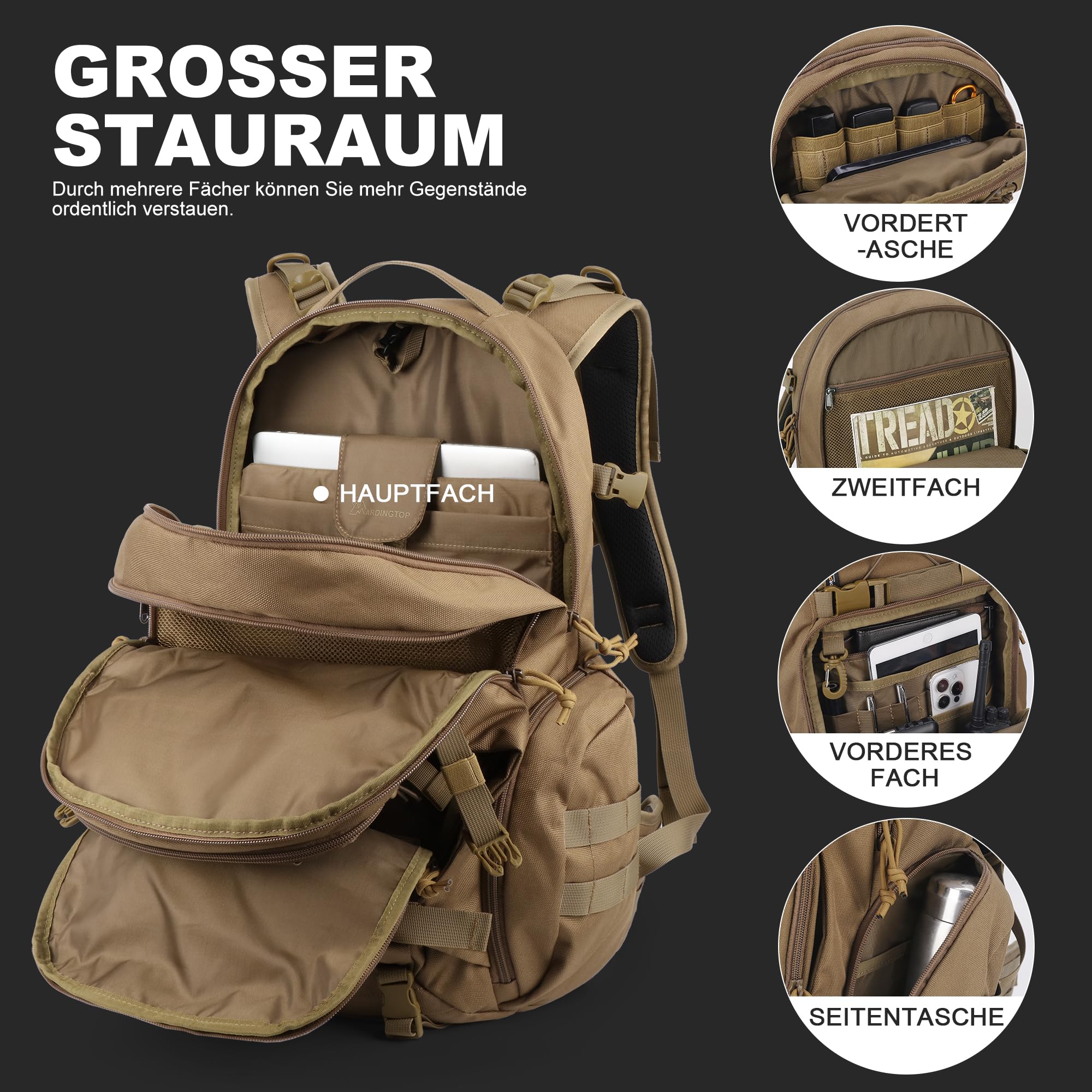 Mardingtop Molle plecak wojskowy, 35 l, plecak turystyczny, taktyczny, męski, plecak trekkingowy, plecak Cordura, na wędrówki, wspinaczkę górską, survival