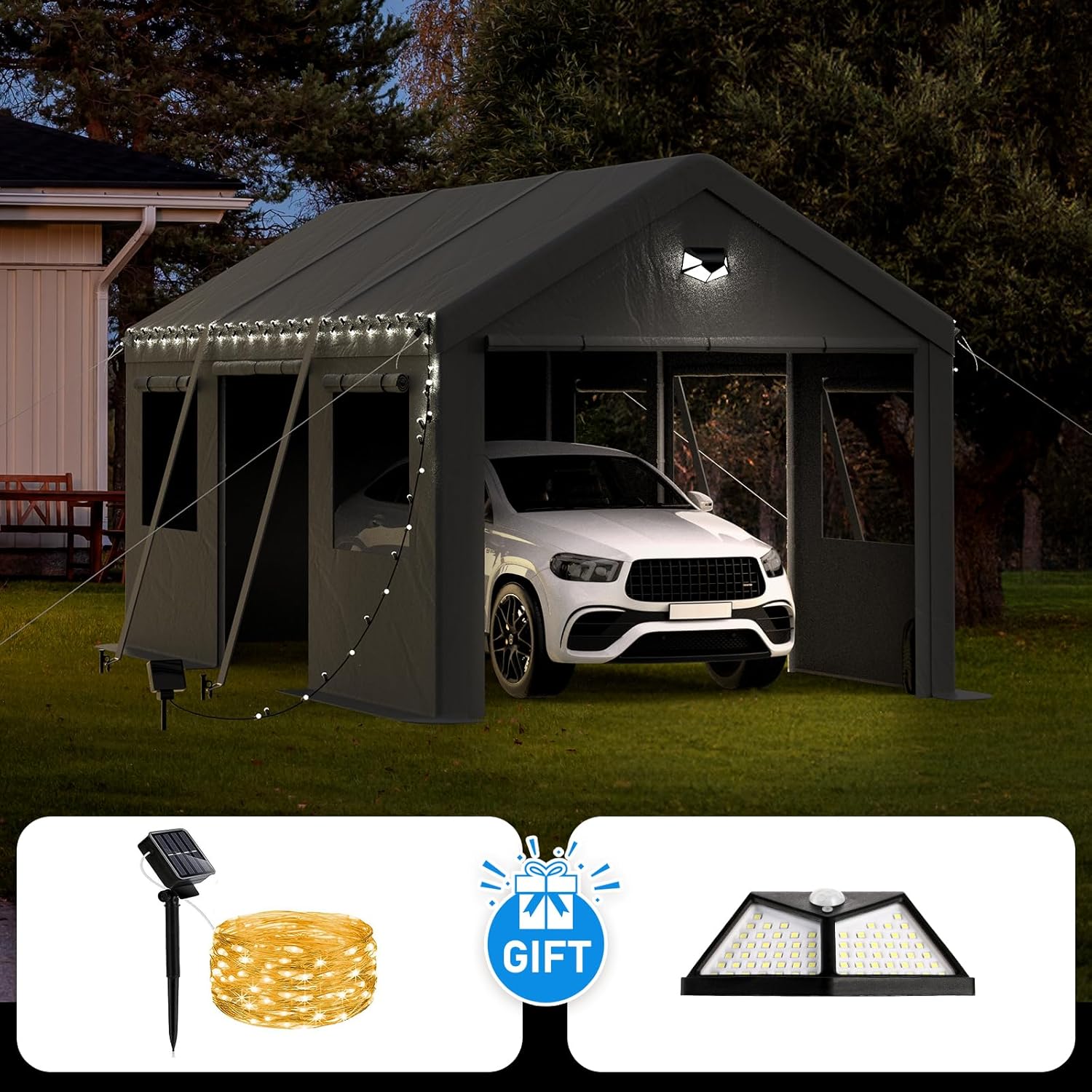 Benass Carport at night with solar light and light strip illuminated