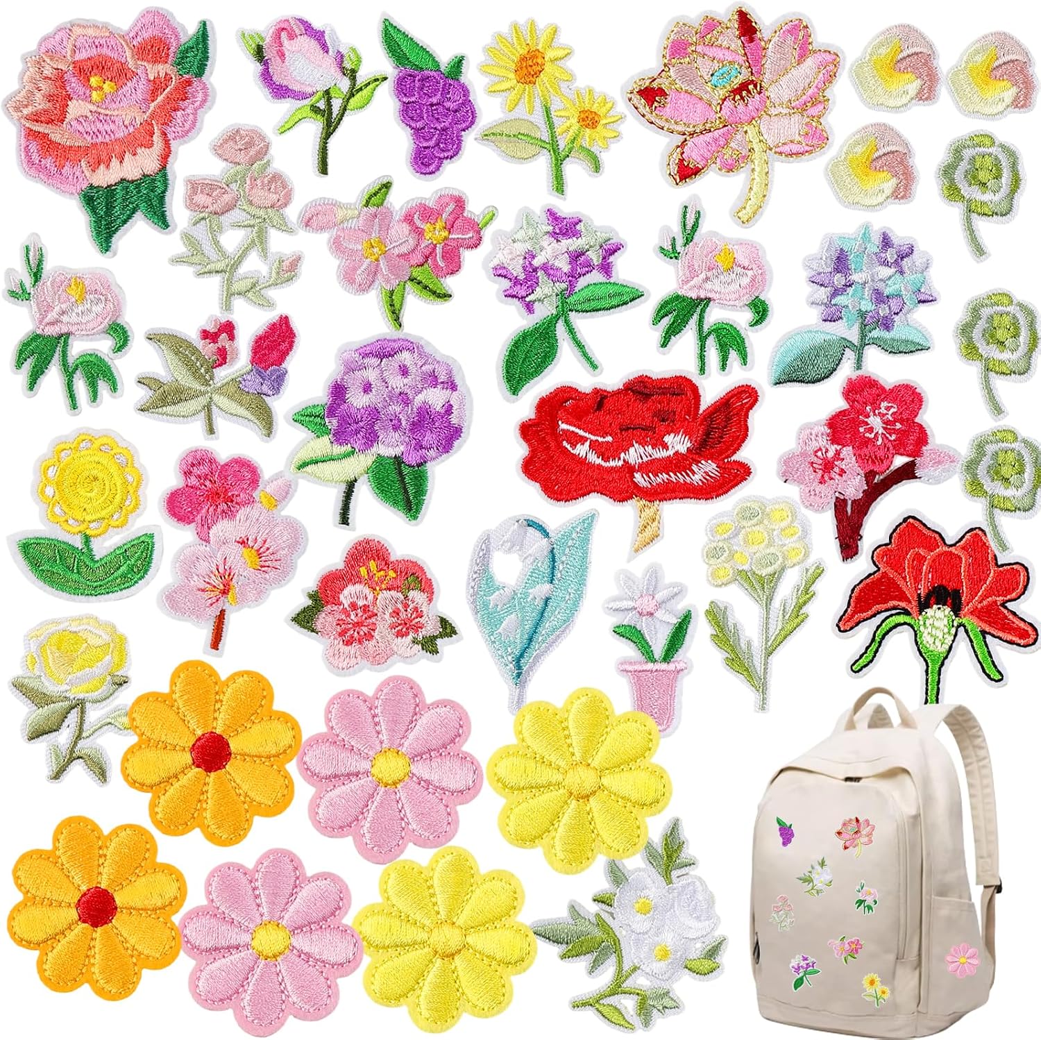 36Pcs Flower Iron On Patches Cute Small Floral Embroidered Patches Colorful Floral Appliques Patches Repair Patches for Clothes Jackets Jeans Bags Hats Shoes DIY Accessories