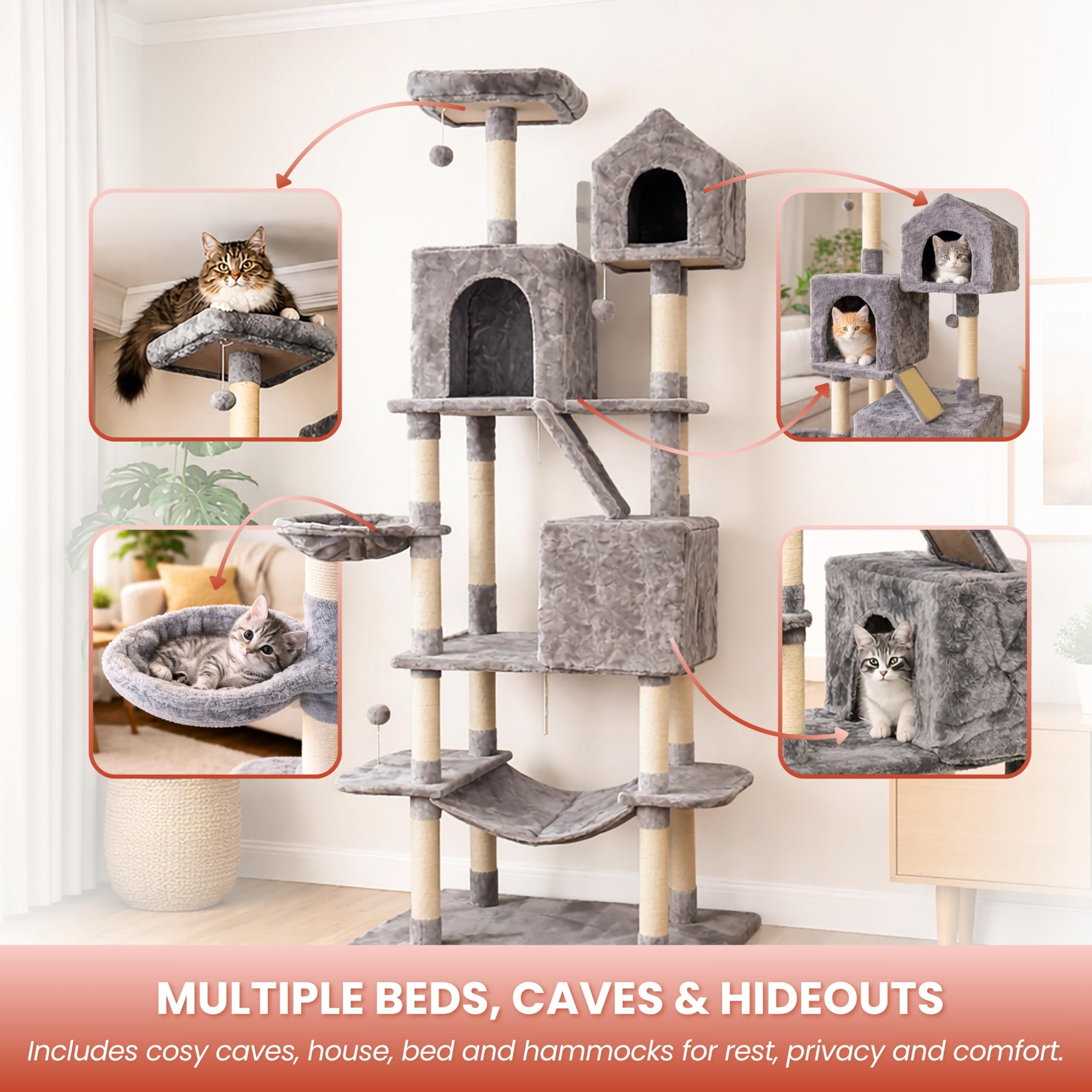 Garden Mile Torre de árbol de lujo extra alta de 2 m para gatos grandes, centro de actividades para gatos de varios niveles con 13 postes rascadores de sisal, rampa para rascar, 3 casas, hamacas