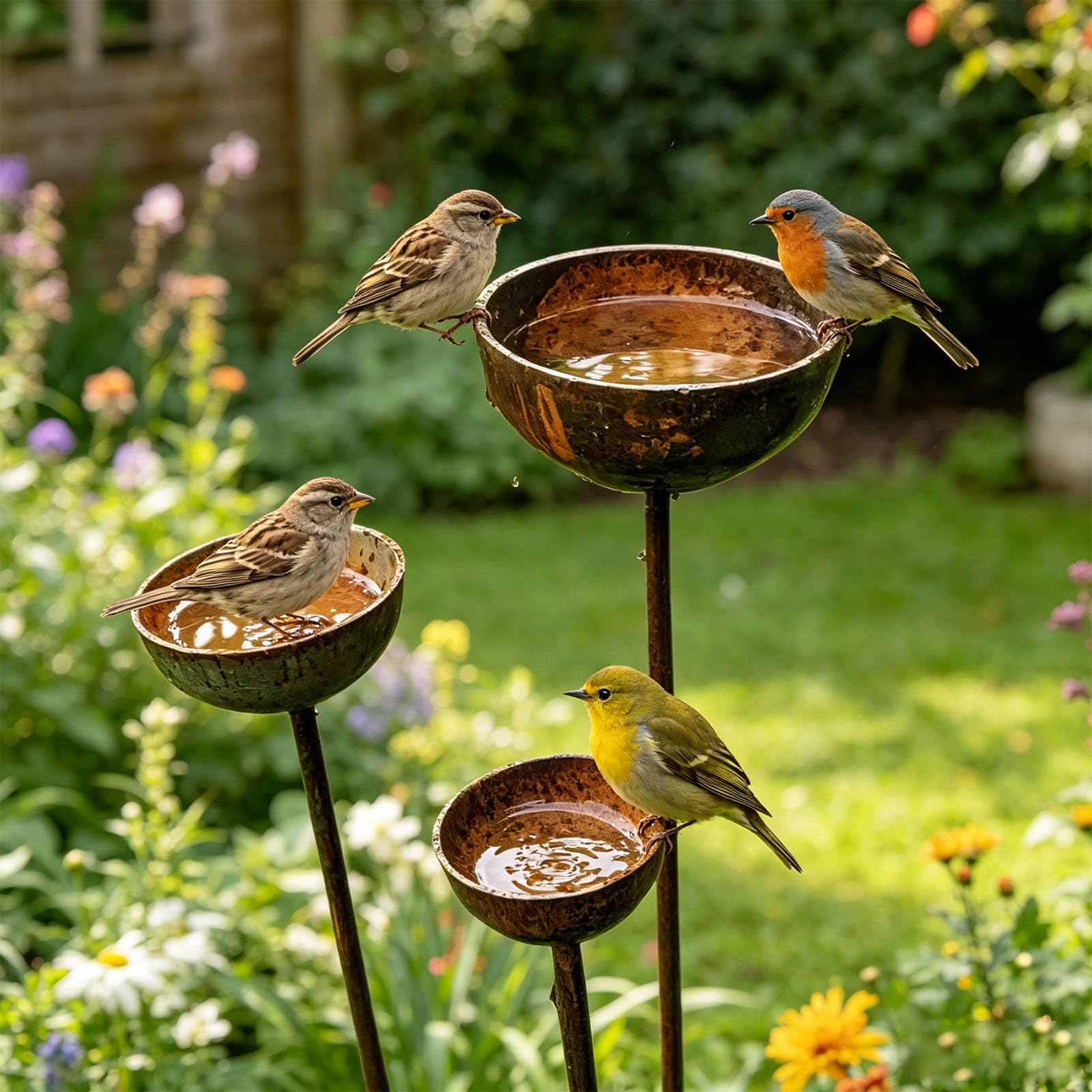Pali per mangiatoia per uccelli da giardino con 3 ciotole in metallo, stazioni acqua e cibo per vasche da bagno per uccelli all ' aperto, altezza 65 cm per aree attività della fauna selvatica nel