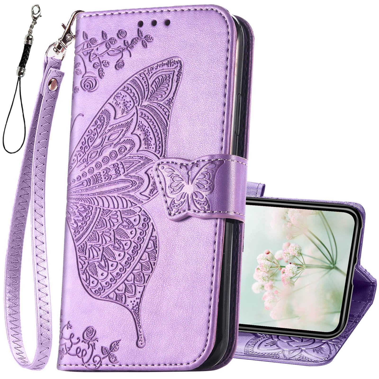 KRHGEIK for iPhone 11 Wallet Case,Women Flip Folio Cover with Butterfly Embossed PU Leather Kickstand Credit Card Holder Slots Detachable Wrist Strap for iPhone 11 6.1 inch (Lavender)