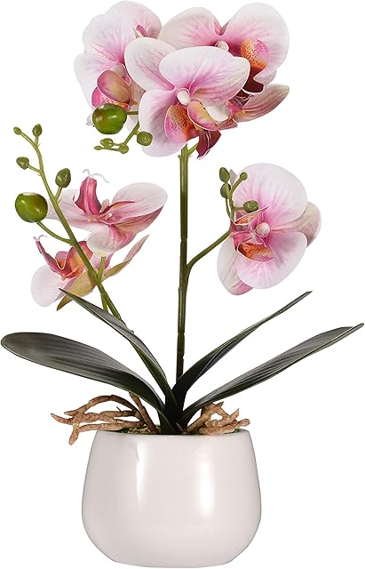Asvert Artificial Flower Orchid, Silk Orchids in Pot, Artificial Orchids That Look Real, Indoor Faux Flowers Orchid Fake Orchids with Porcelain Vase Wedding Party Home Bathroom Office Decor(Pink)