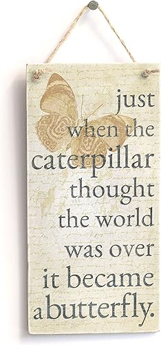 Letrero motivacional con texto en inglés «Just When The Caterpillar Thought The World was Over It Became A Butterfly» – Letrero de madera hecho a