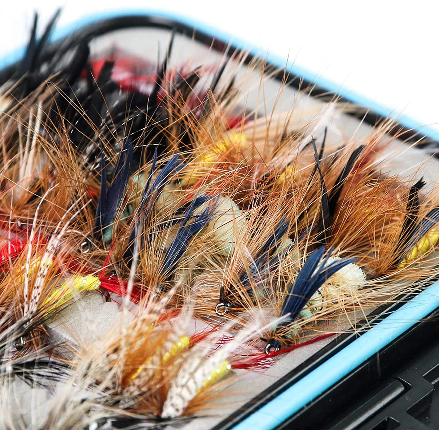 MAXIMUMCATCH Fliegenfischen 120 Stück Fliegen mit Fliegenbox Kombi Trocken- / Nassfliegen, Nymphen, Luftschlangen, handgefertigte Fliegenfischerköder