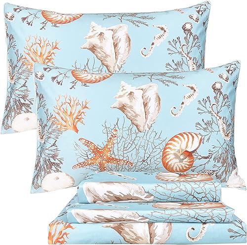 Miniatura 1 de ABREEZE Juego de sábanas 100% algodón egipcio, juego de ropa de cama con temática de playa, ropa de cama costera, conchas marinas y estrellas de