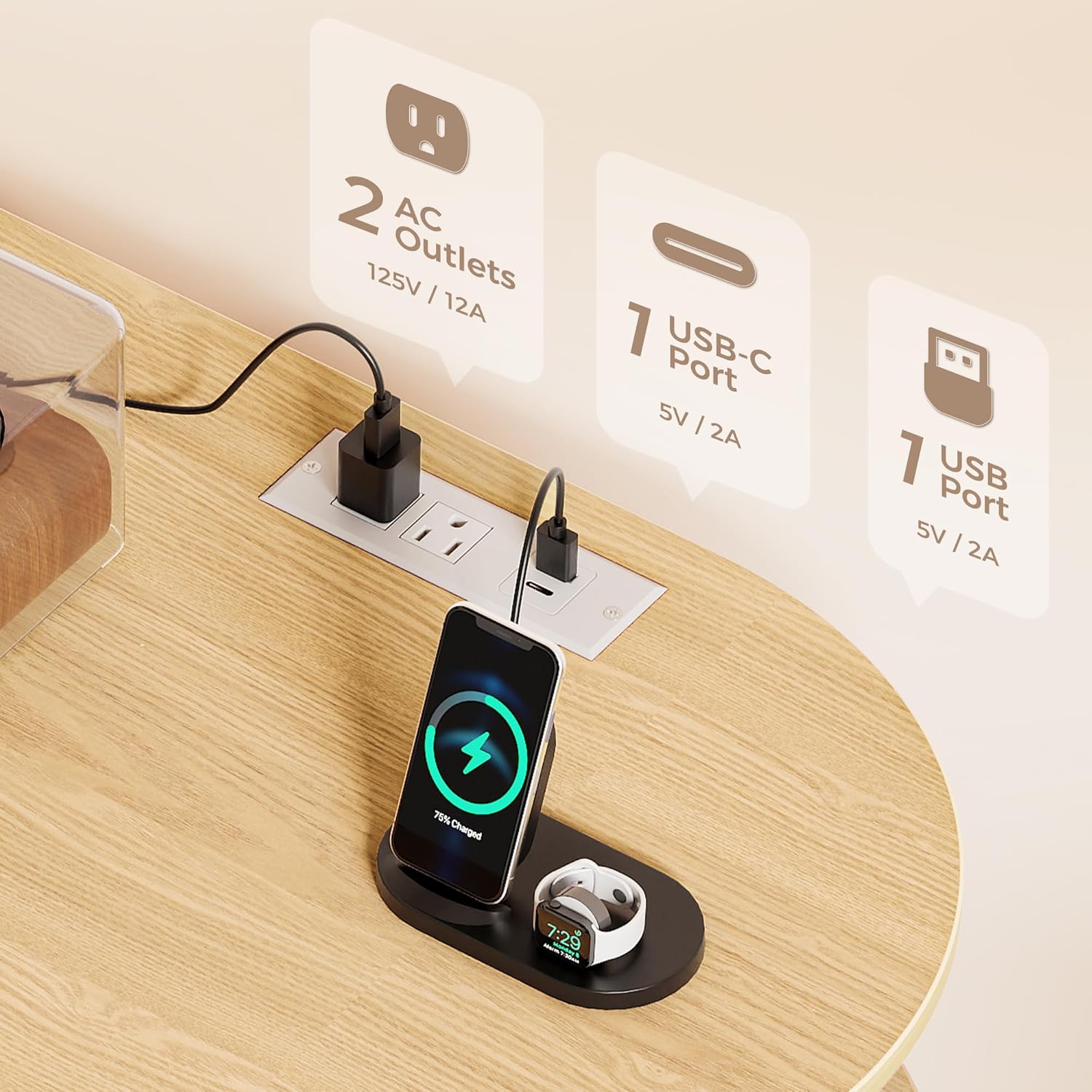 Close-up of the PRAISUN Record Player Stand's tabletop showing the integrated power strip with two AC outlets, one USB-C port, and one USB port, with a phone charging wirelessly.