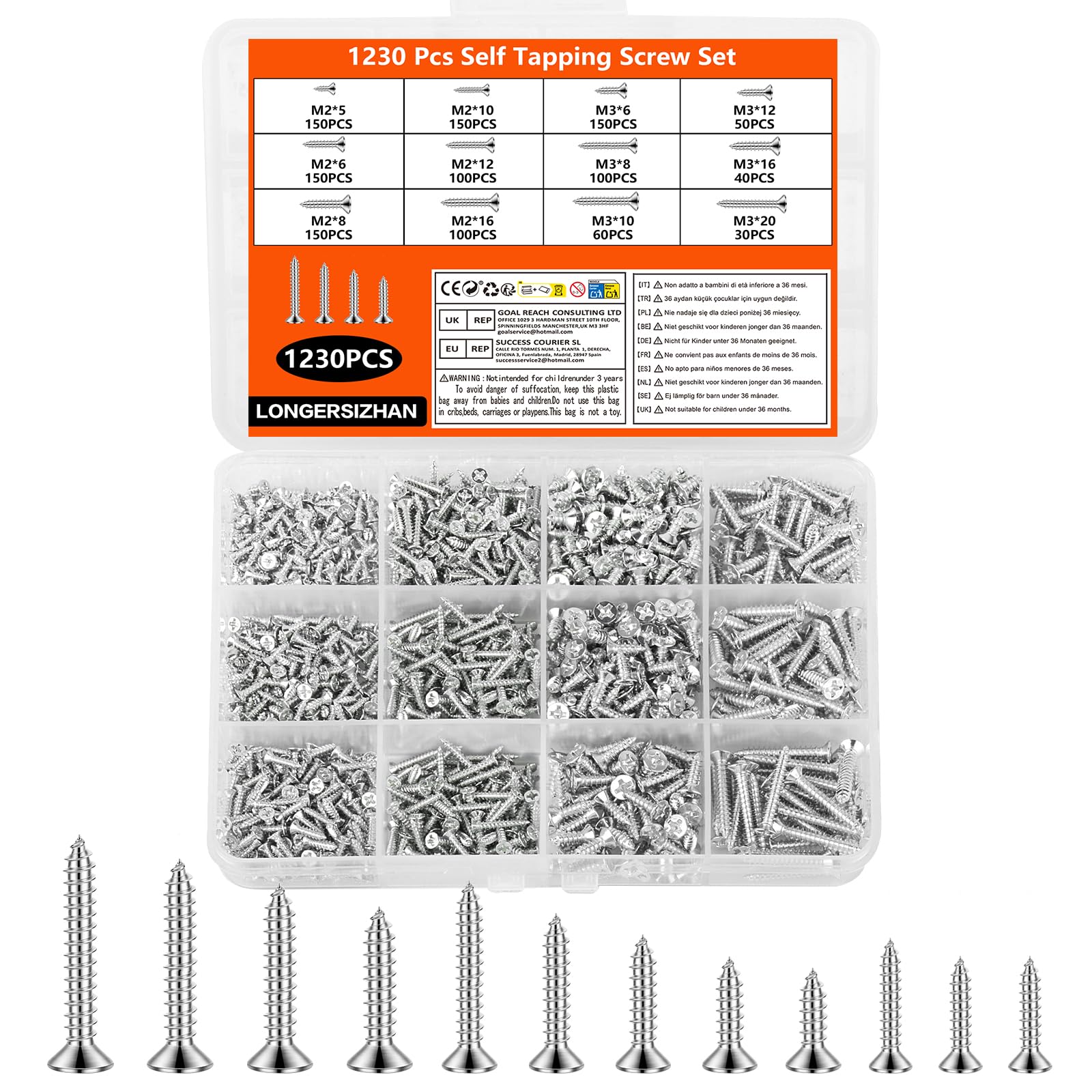 LONGERSIZHAN 1230 Pcs M2 M3 Screw Sets Mixed Box, Small Screws,Wood Screws
