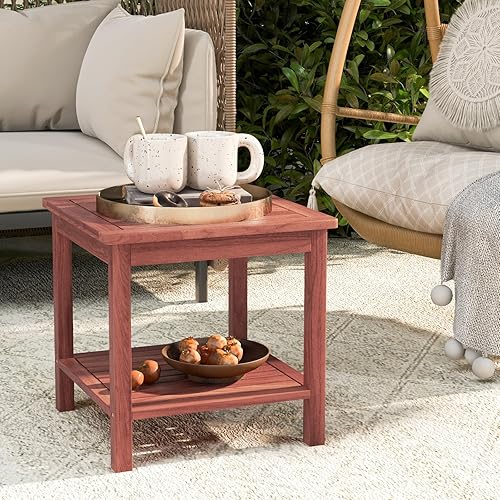 Miniatura 4 de Tangkula Mesa auxiliar de patio, mesa auxiliar de madera de acacia de doble nivel, mesa y estante de rejillas, mesa auxiliar pequeña para exteriores