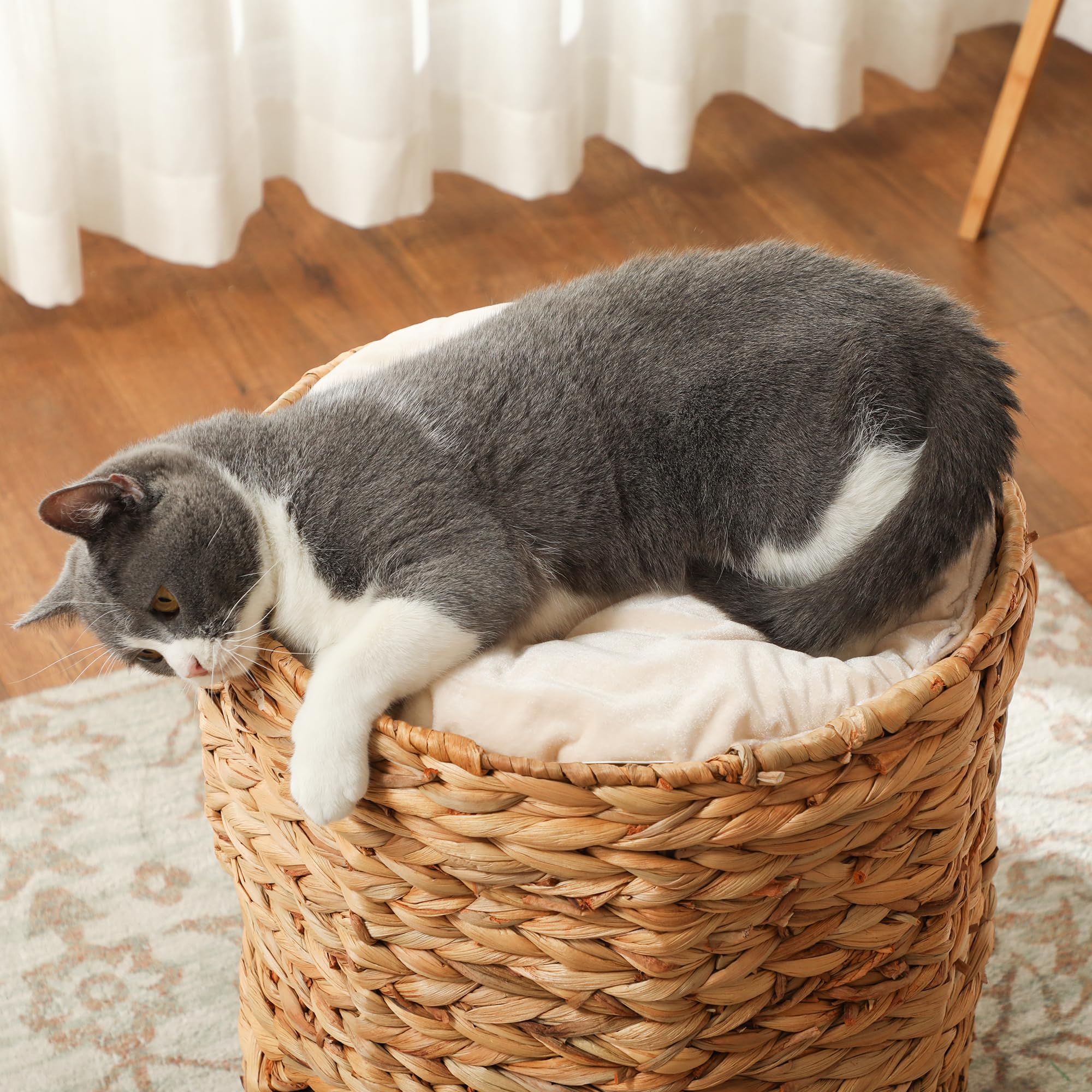 PawHut Barril rascador alto 50 cm, 2 cuevas, rascador cojín, torre agua, para gatos hasta 3,5 kg, marrón claro