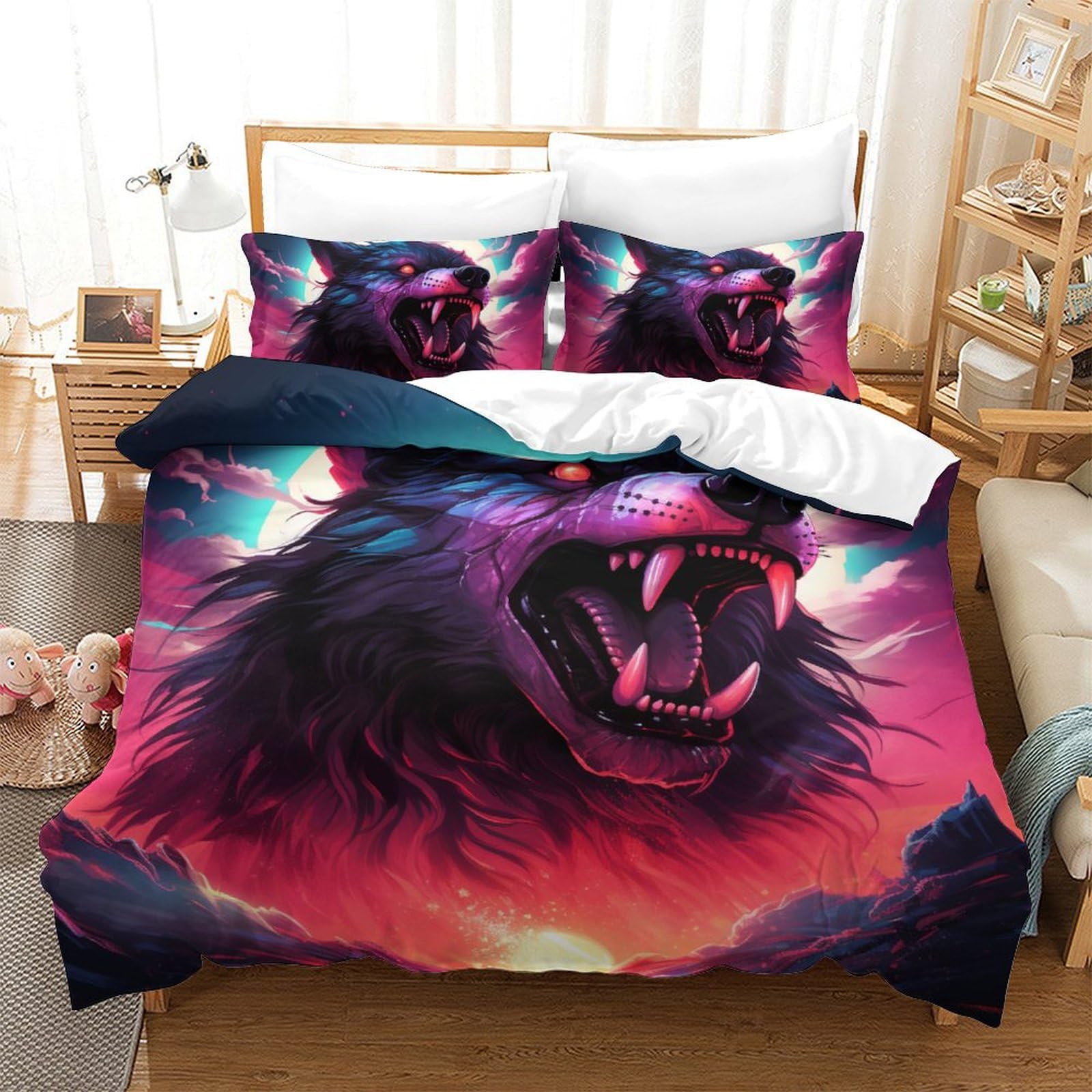 Housse de couette le loup 3D lit double pour une ambiance chalet nature
