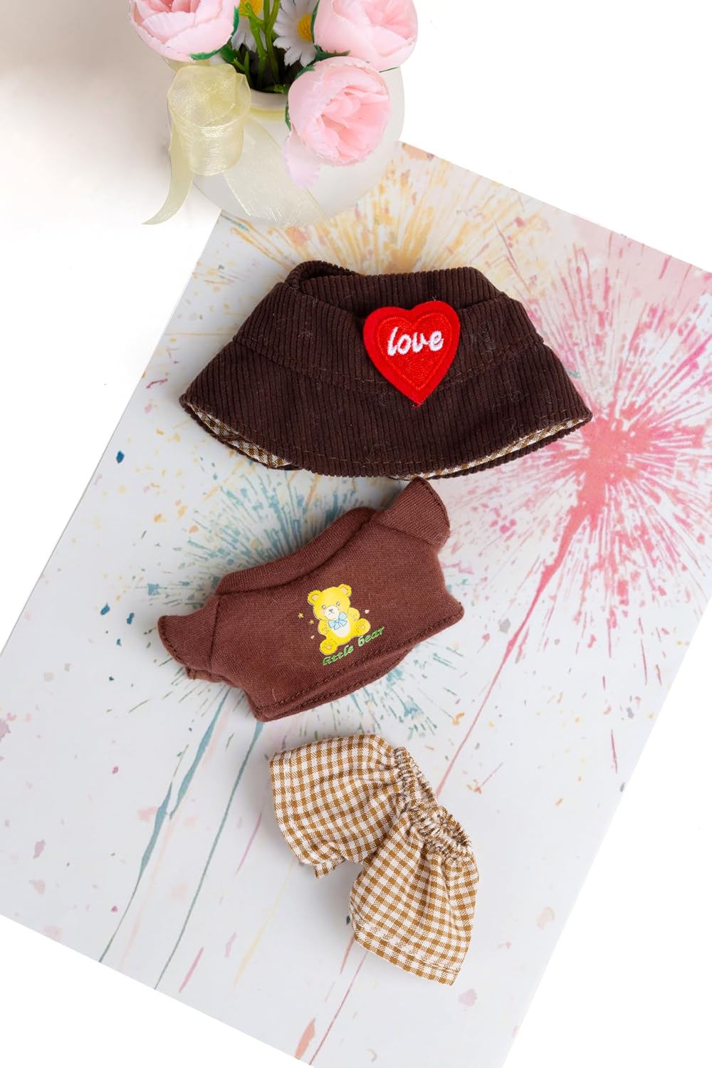 17 cm Doll Clothes, 3-Piece Set Stylish Clothes for 17cm Labubu, Premium Outfit with Accessories - Red Heart Brown Hat & Brown Bear Tshirt & Coffee Plaid Pants (NO Doll)