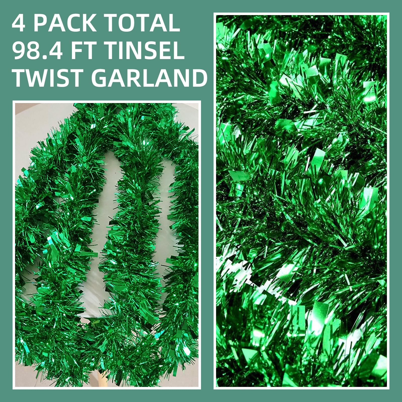 Guirnalda de oropel verde de 100 pies para Navidad, Halloween, decoración de guirnalda metálica de oropel para árbol de Navidad, Año Nuevo, vacaciones, fiestas de cumpleaños (3.54 x 50 pies,