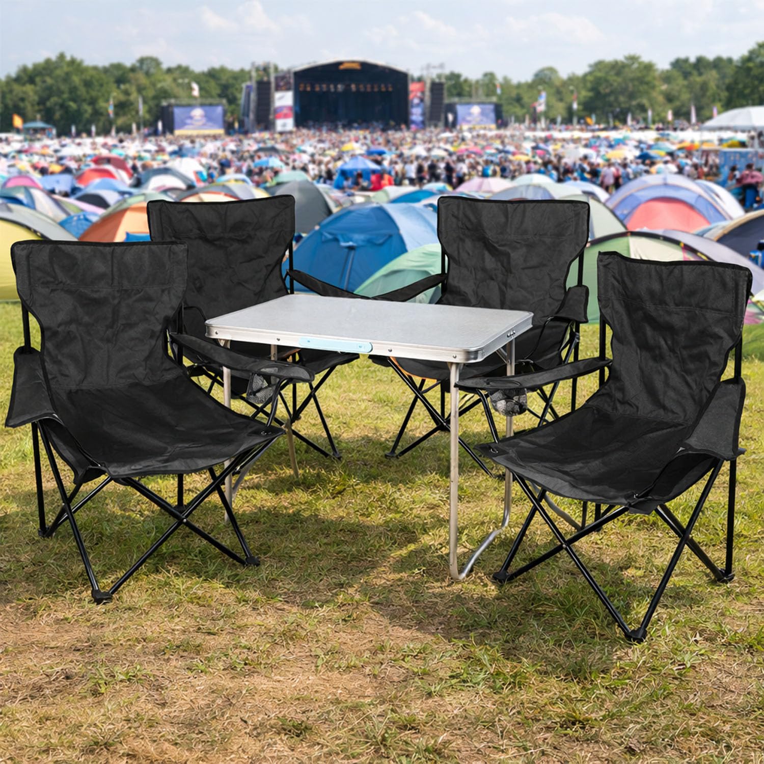 Mojawo 5tlg. Campingmöbel Set Alu 80x60x68cm 1x XL Campingtisch mit Tragegriff + 4 Anglerstühle, Faltstühle Schwarz