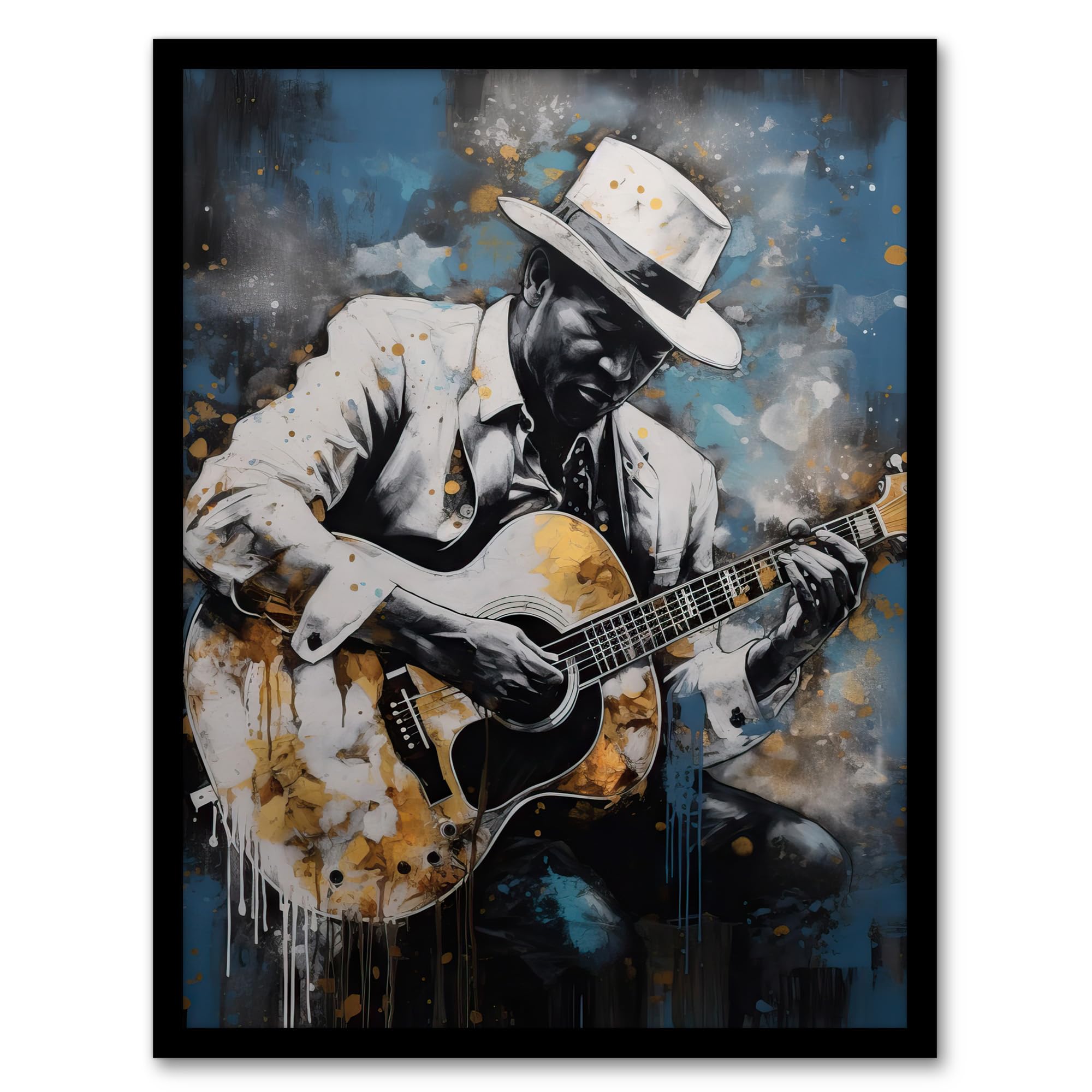 Artery8 Guitarist Playing Acoustic Blues Acrylic Painting Gold Blue Drip Paint Guitar Music Musician Portrait Artwork Framed Wall Art Print 18X24 Inch