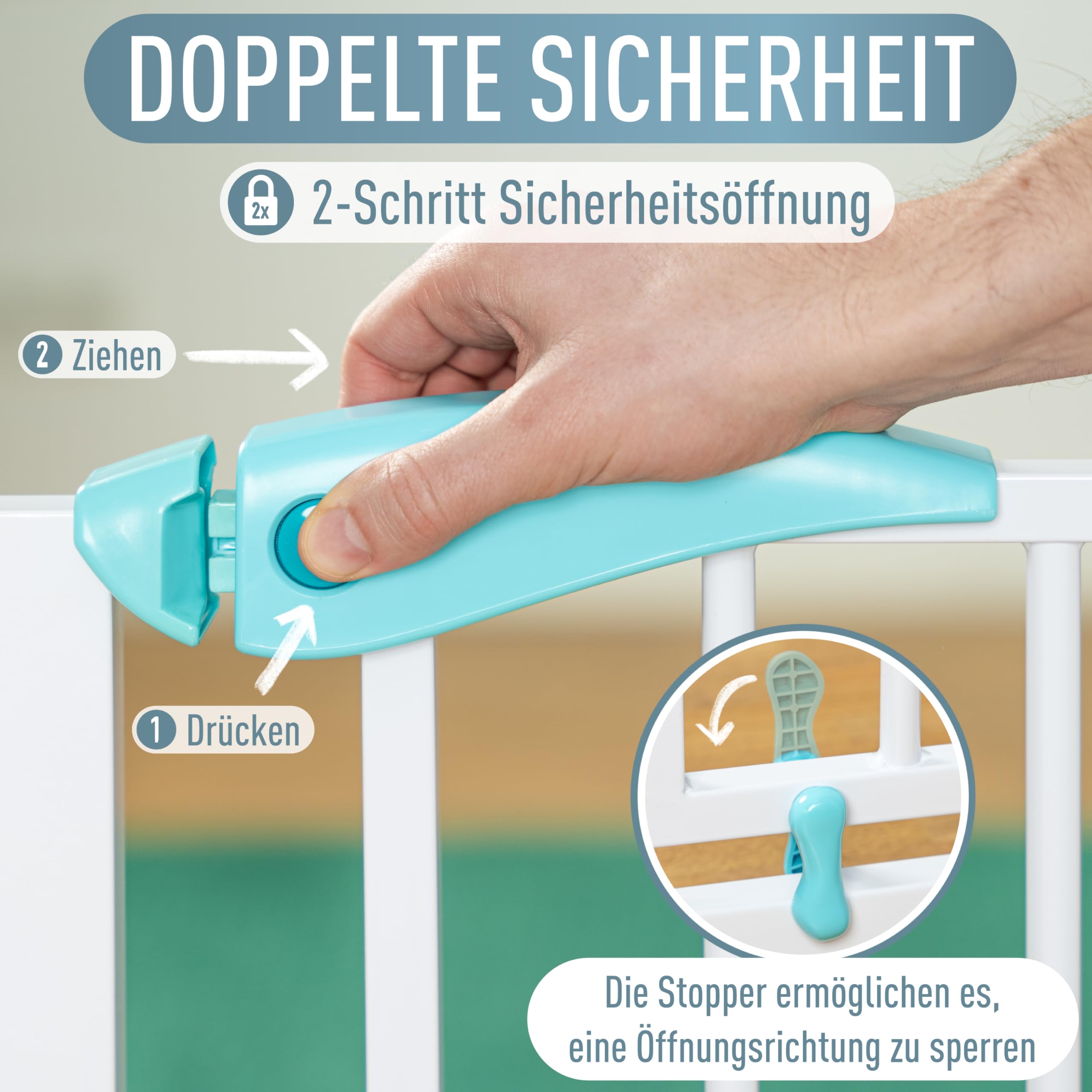 IB STYLE Berrin Türschutzgitter 67-75 cm, Treppenschutzgitter ohne Bohren, Baby Sicherheitsgitter, Weiß Türkis
