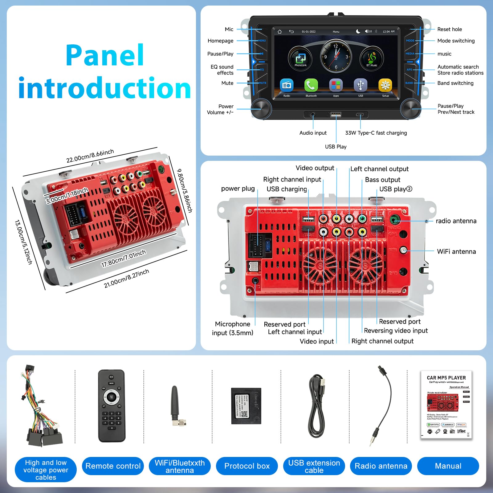 Radio de Coche para VW Golf 5 6 Passat Polo Tiguan Touran Caddy Skoda Seat 7 Pulgadas Pantalla Táctil Inalámbrico Carplay Radio con Android Auto Bluetooth Mirror Link FM Am RDS EQ USB Not Android