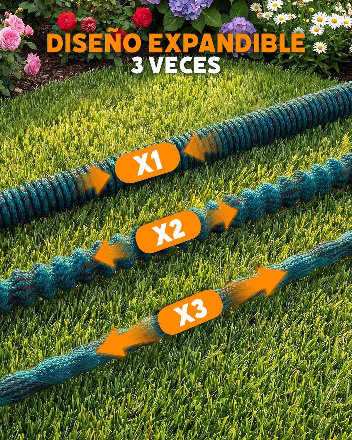 Manguera Jardin Extensible, Manguera Extensible 30 Metros con 10 Boquillas de Patrón de Pulverización Conector de Latón Tela 3750D Manguera, Adaptadores de 1/2" y 3/4" para Jardinería