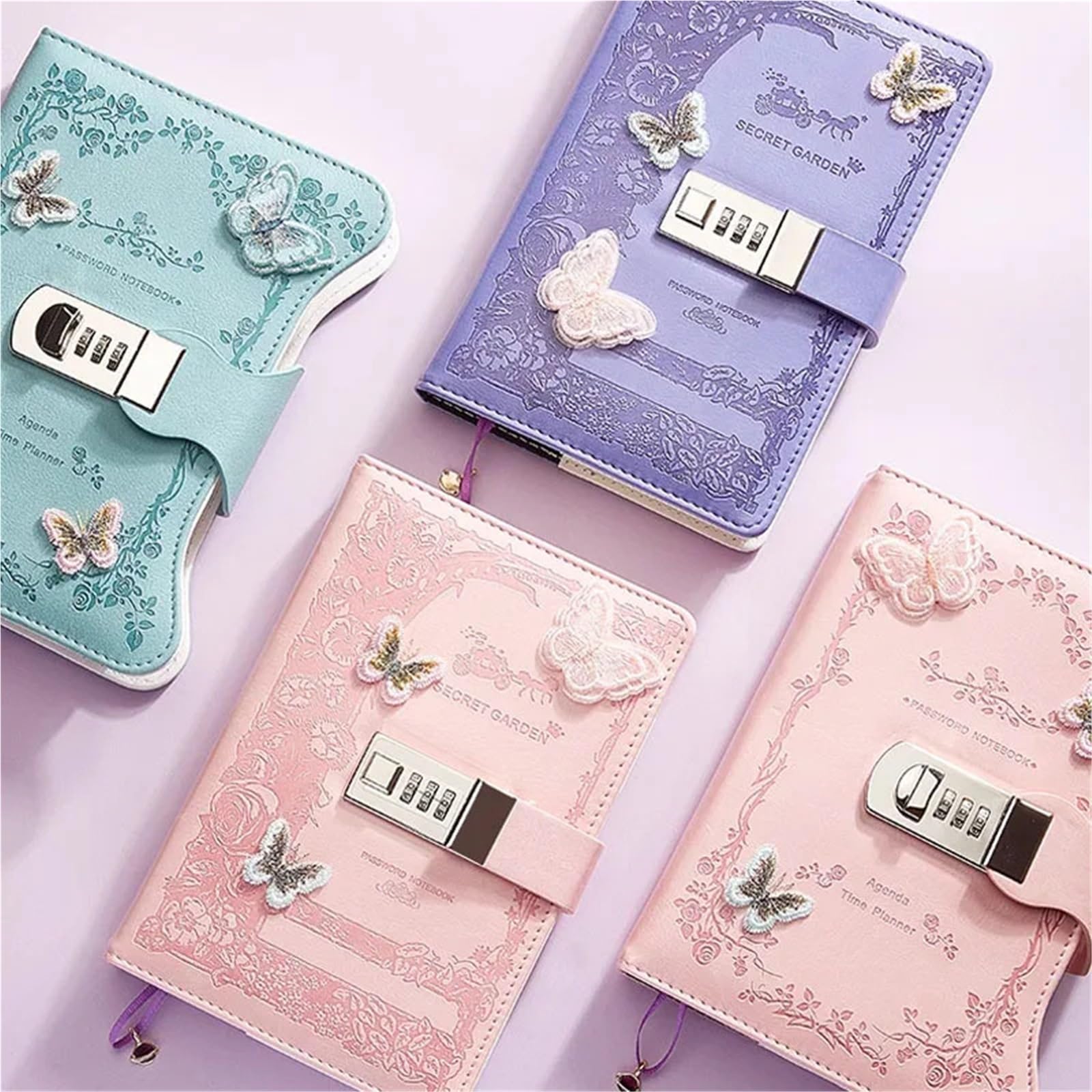 Tagebuch Mit Schloss Literarisches Mädchen-Herz-Schmetterlings-Passwortsperr-Notizbuch for Mädchen, geheimes Tagebuch mit Anhänger, PU, ​​exquisites Studenten-Notizblock-Bürobuch(Pink-Rose Garden)