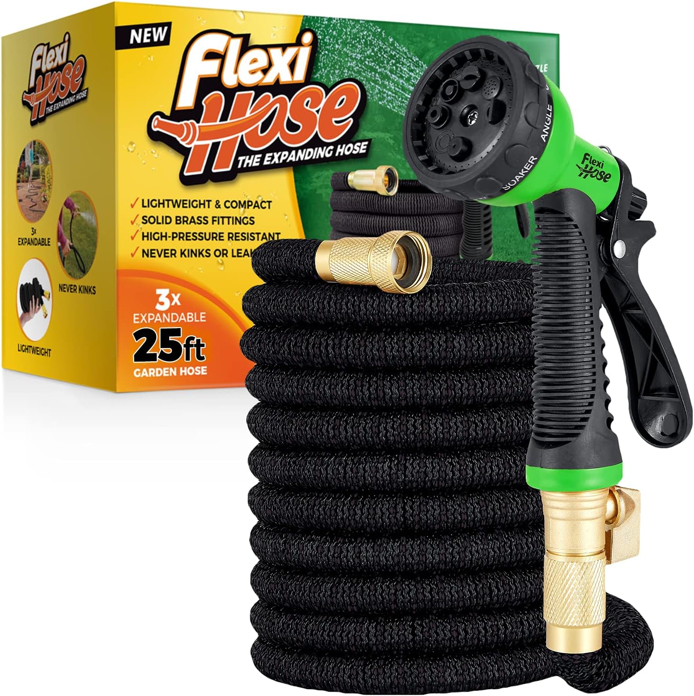 Flexi Hose with 8 Function Nozzle, Lightweight Expandable Garden Hose, No-Kink Flexibility, 3/4 Inch Solid Brass Fittings and Double Latex Core