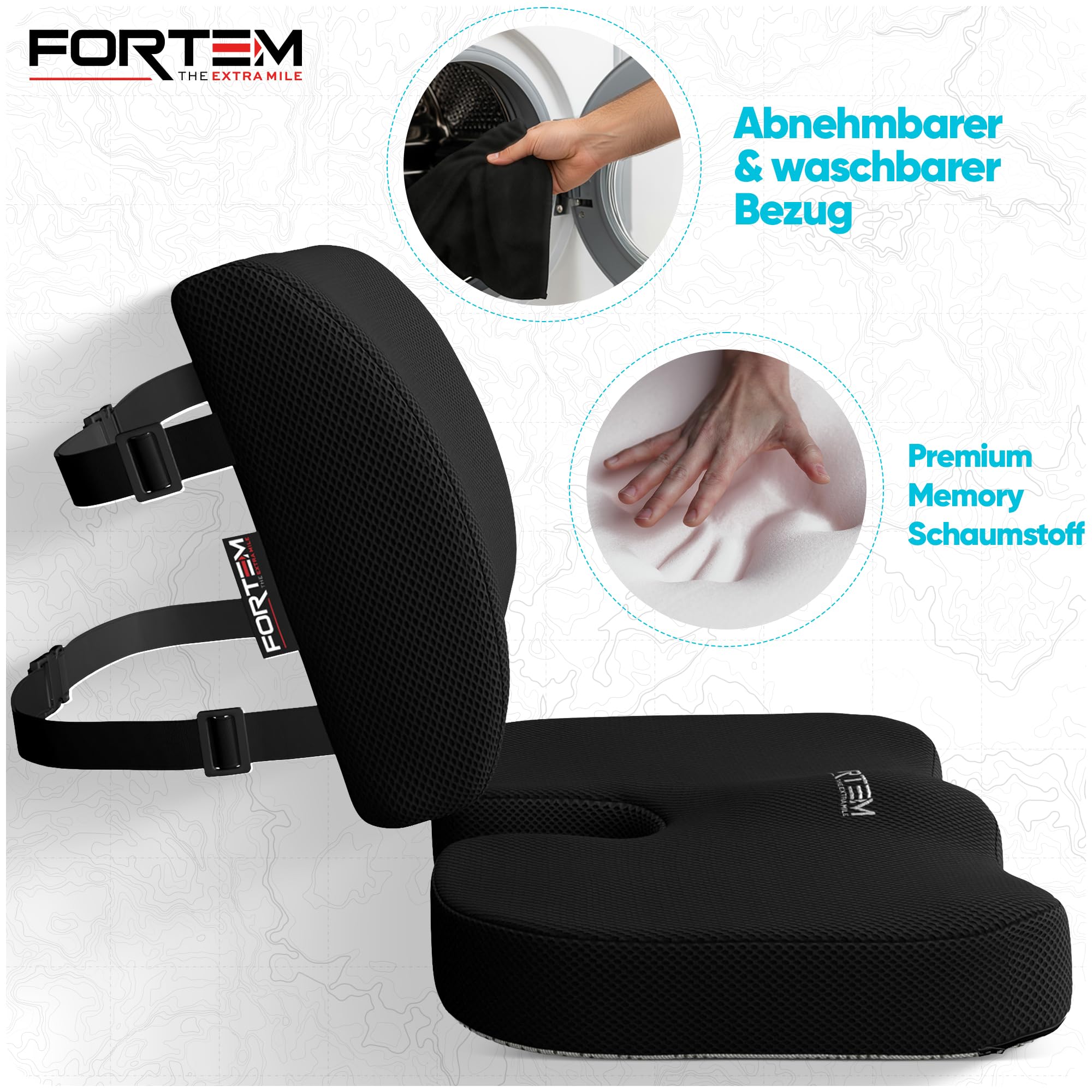 FORTEM Sitzkissen und Lendenkissen für Bürostuhl, Sitzpolster, Memory-Schaum Rückenkissen, Lordosenstütze Auto, Rutschfestes Sitz- und Rückenpolster für Gaming, Autositzkissen, Stuhlauflage