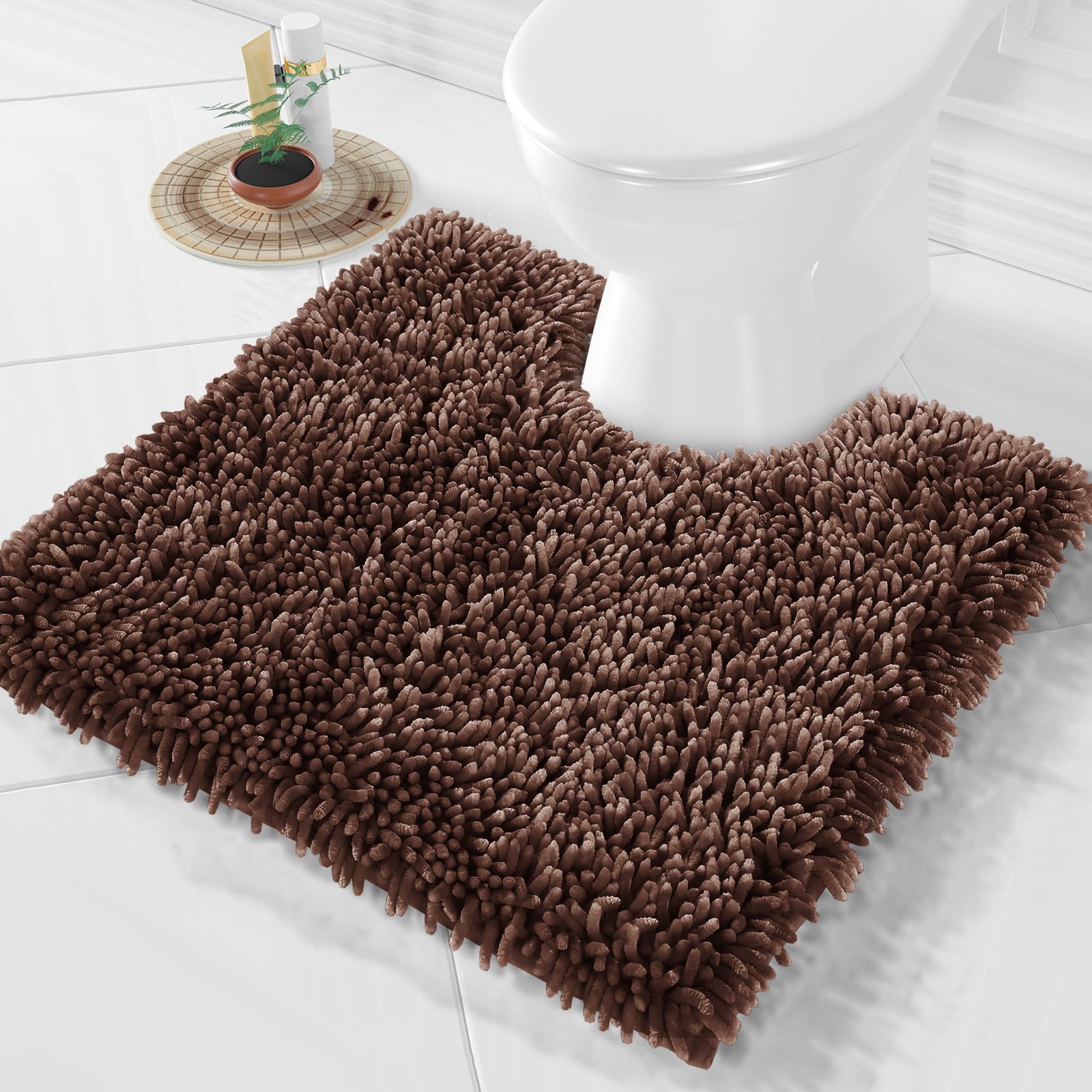 Yimobra Toilet Rugs U Shaped Washable, Extra Thick Soft Absorbent Chenille Contour Bathroom Rugs for Toilet 24x24 Inch, Quick Dry Non Slip Toilet Mat for Bath Floor, Brown