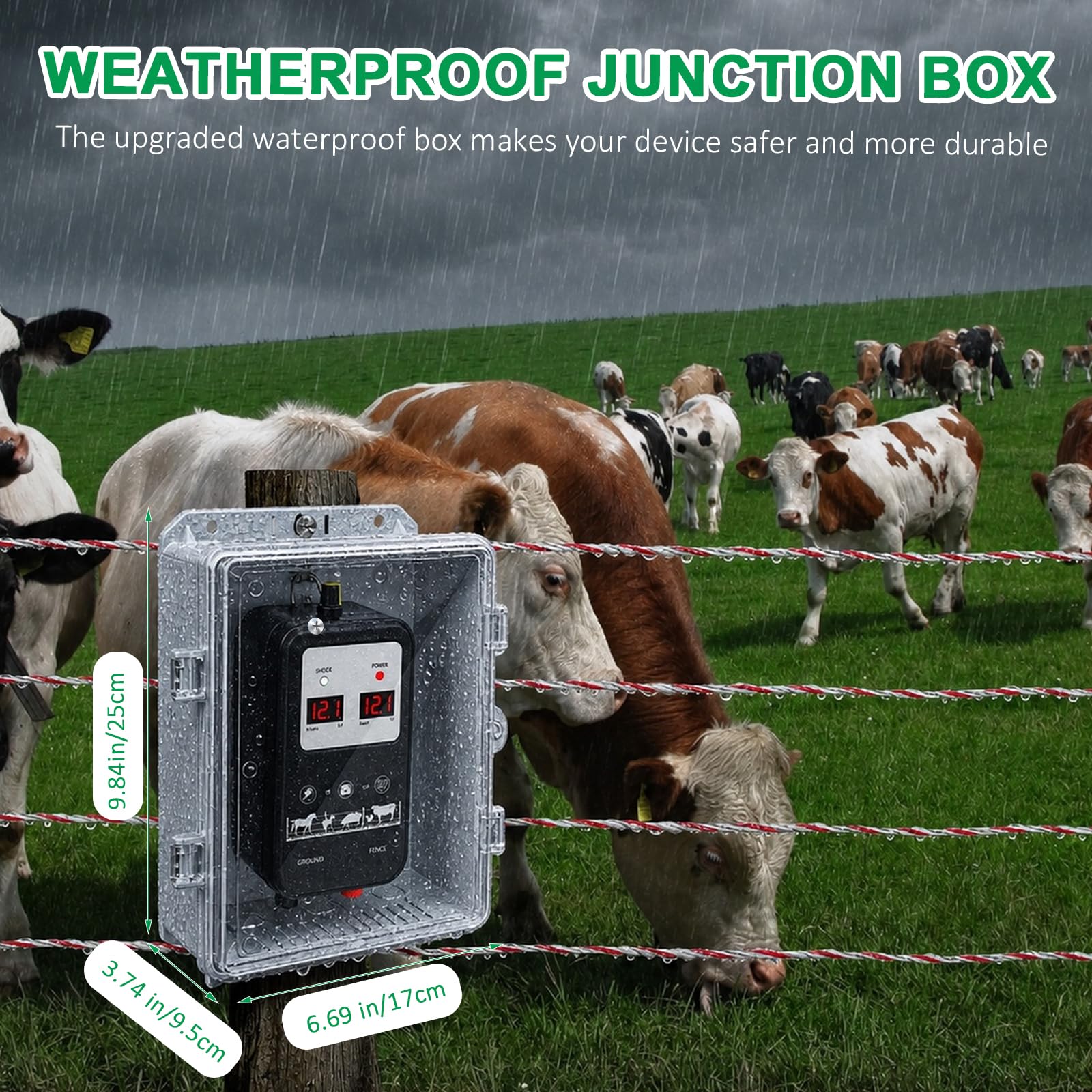 15KM Electrificador de valla eléctrica con carcasa impermeable, kit de valla con aisladores anulares y alambre de valla, tensión de salida ajustable 12 kV – 13,5 kV, para protección de animales