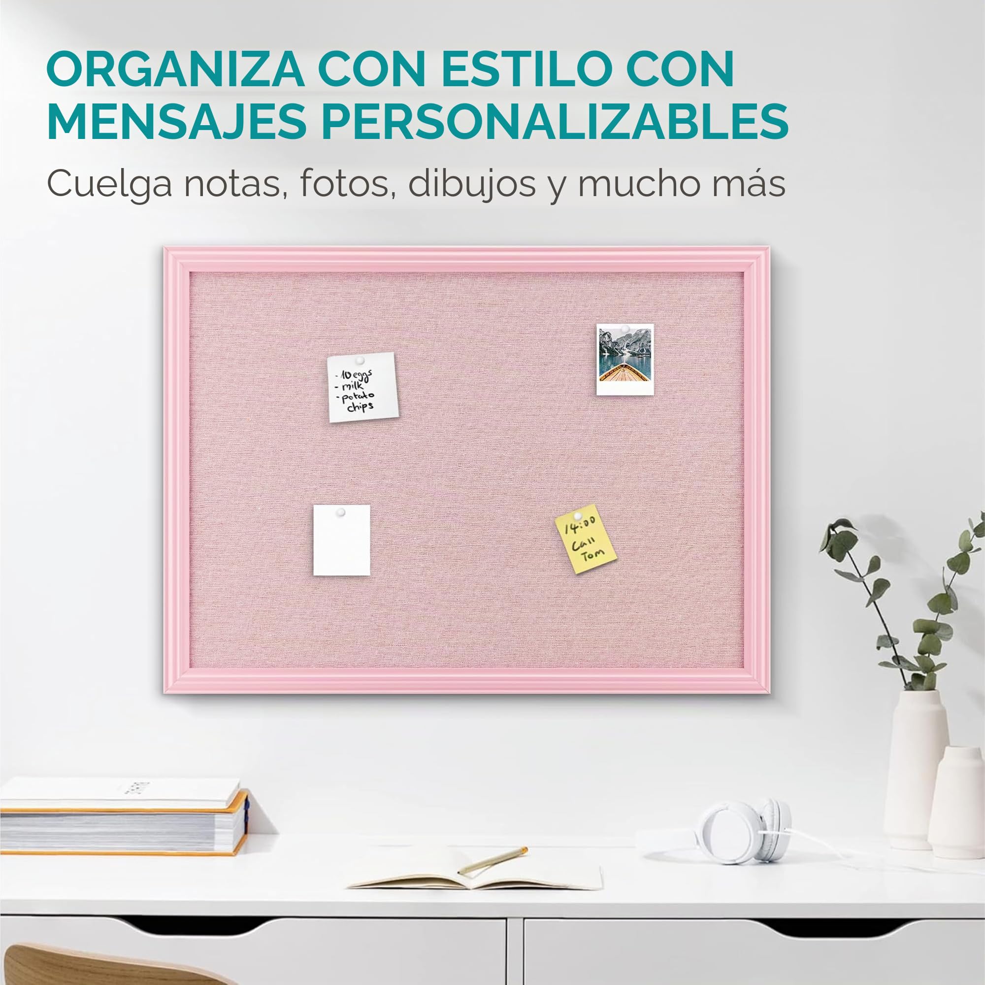 Navaris Tablero colgante rosa para fotos - Cartelera de pared de felpa para colgar joyas y notas - Con 6x chincheta y marco de MDF - 58 x 43 cm
